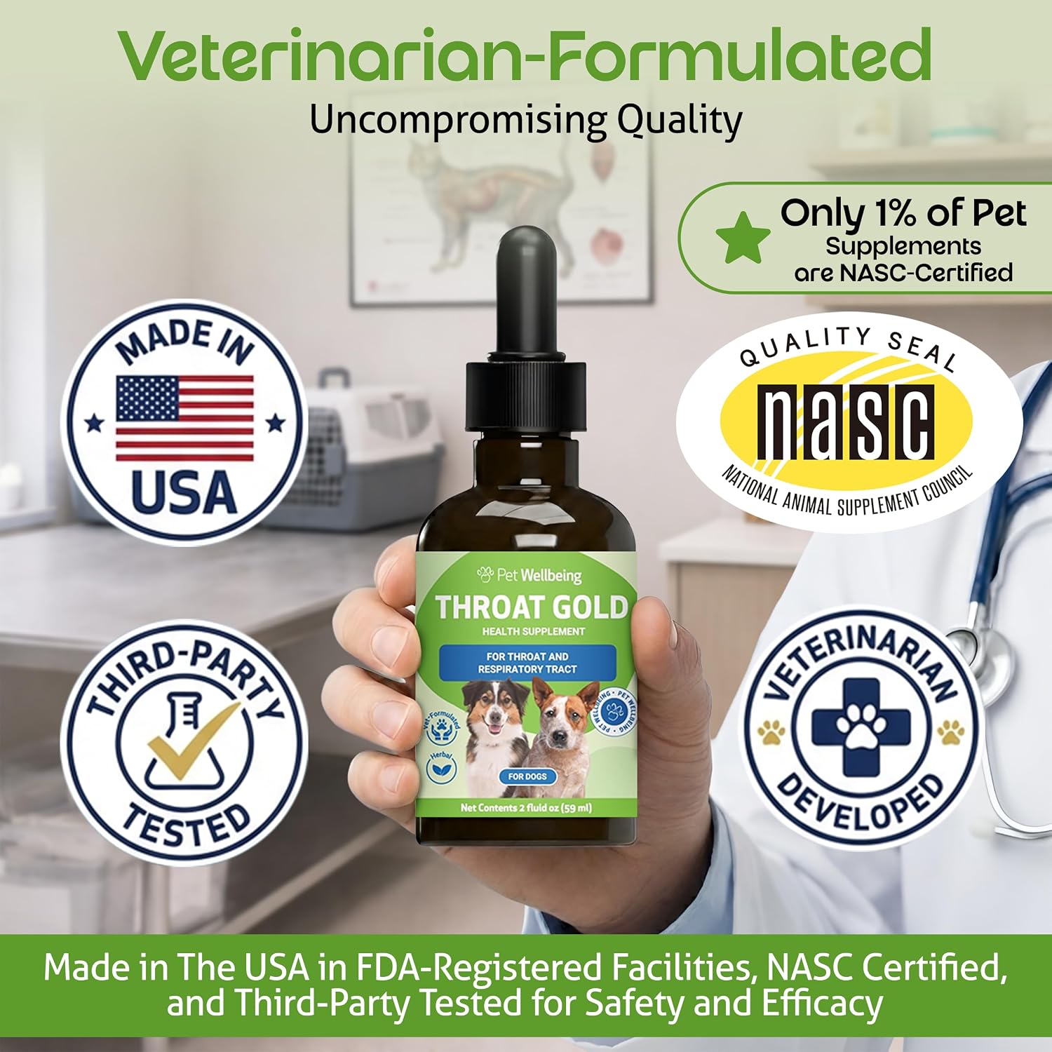 Pet Wellbeing Throat Gold para Perros – Fórmula Líquida con Gordolobo y Olmo Resbaladizo – 60 ml