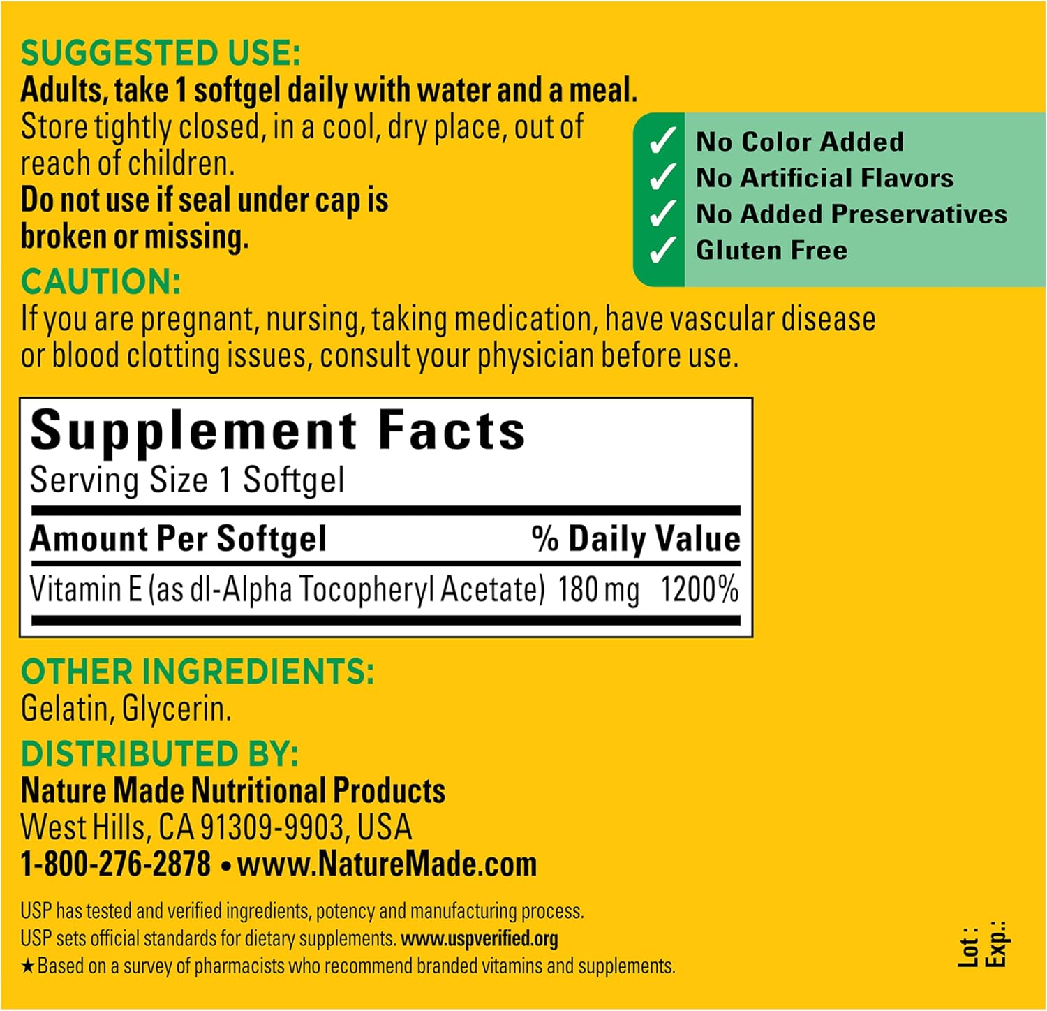 Nature Made Vitamin E 180 mg (400 IU) dl-Alpha, 300 Softgels