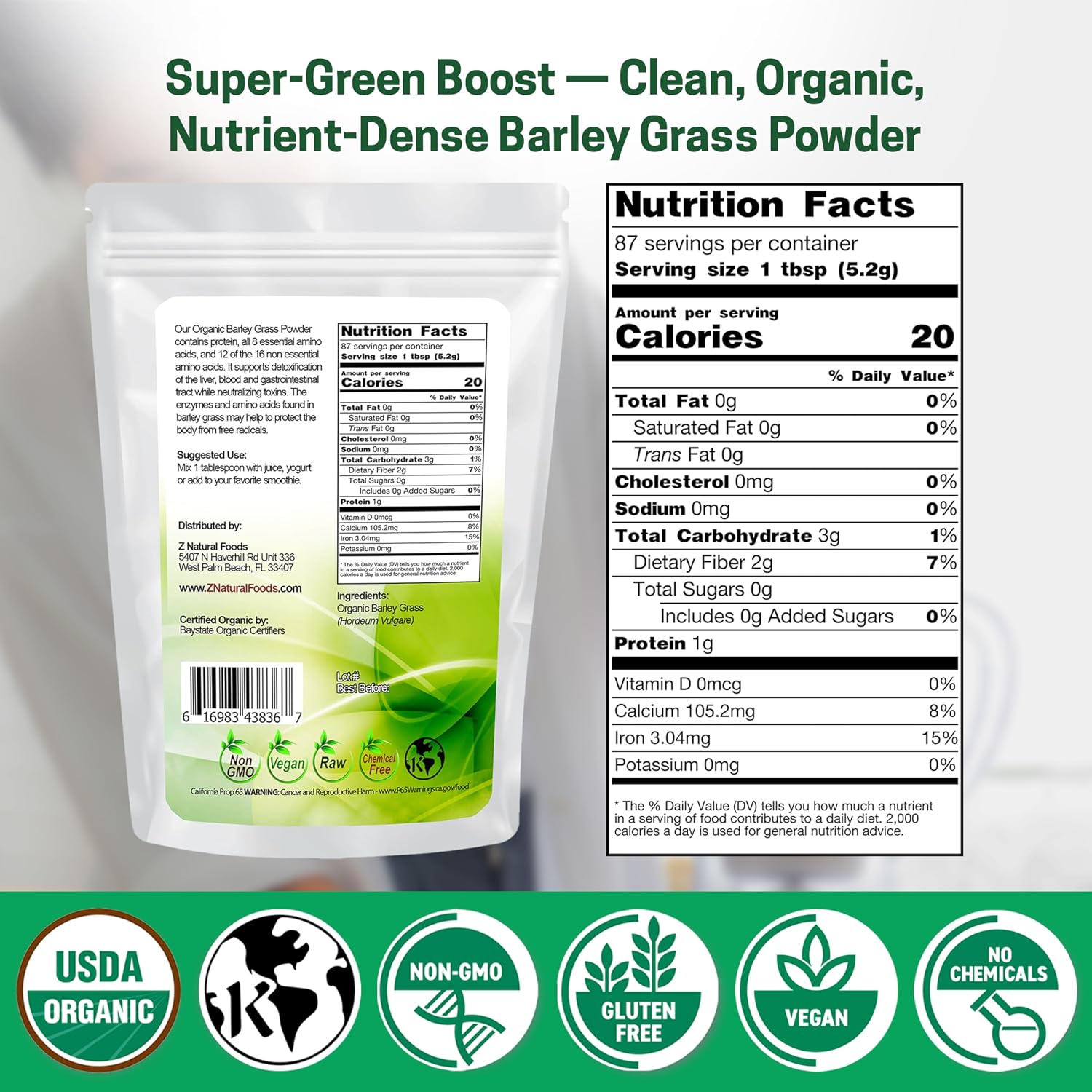 Z Natural Foods Polvo de Hierba de Cebada Orgánico - 454 g