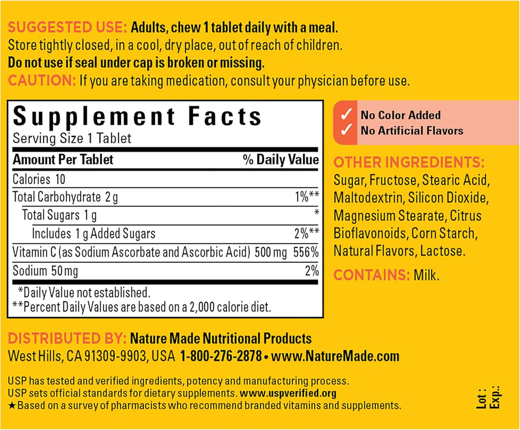 Nature Made Vitamin C Chewable 500 mg, 60 Tablets