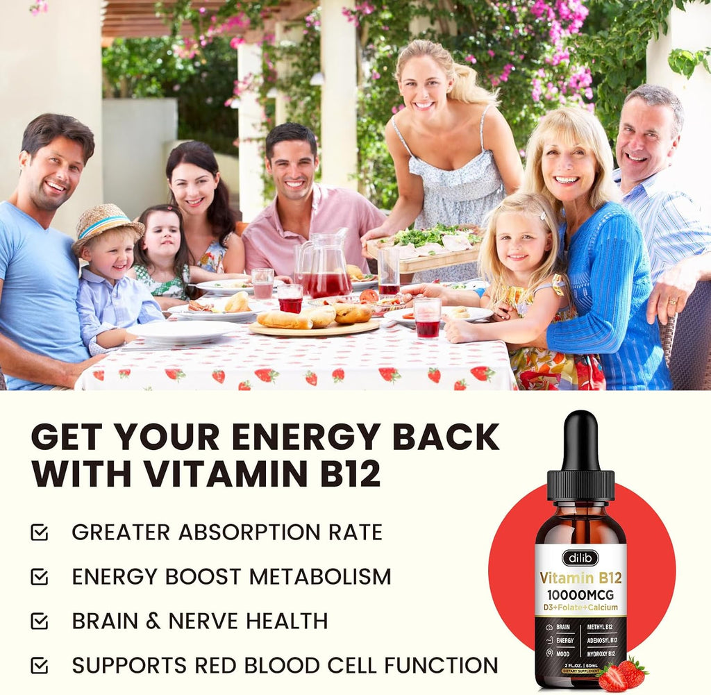 Vitamin B12 Liquid Drops Sublingual 10000 mcg, Complexo Triple B-12 con Metilcobalamina, Adenosilcobalamina e Hidroxocobalamina, 2 Envases
