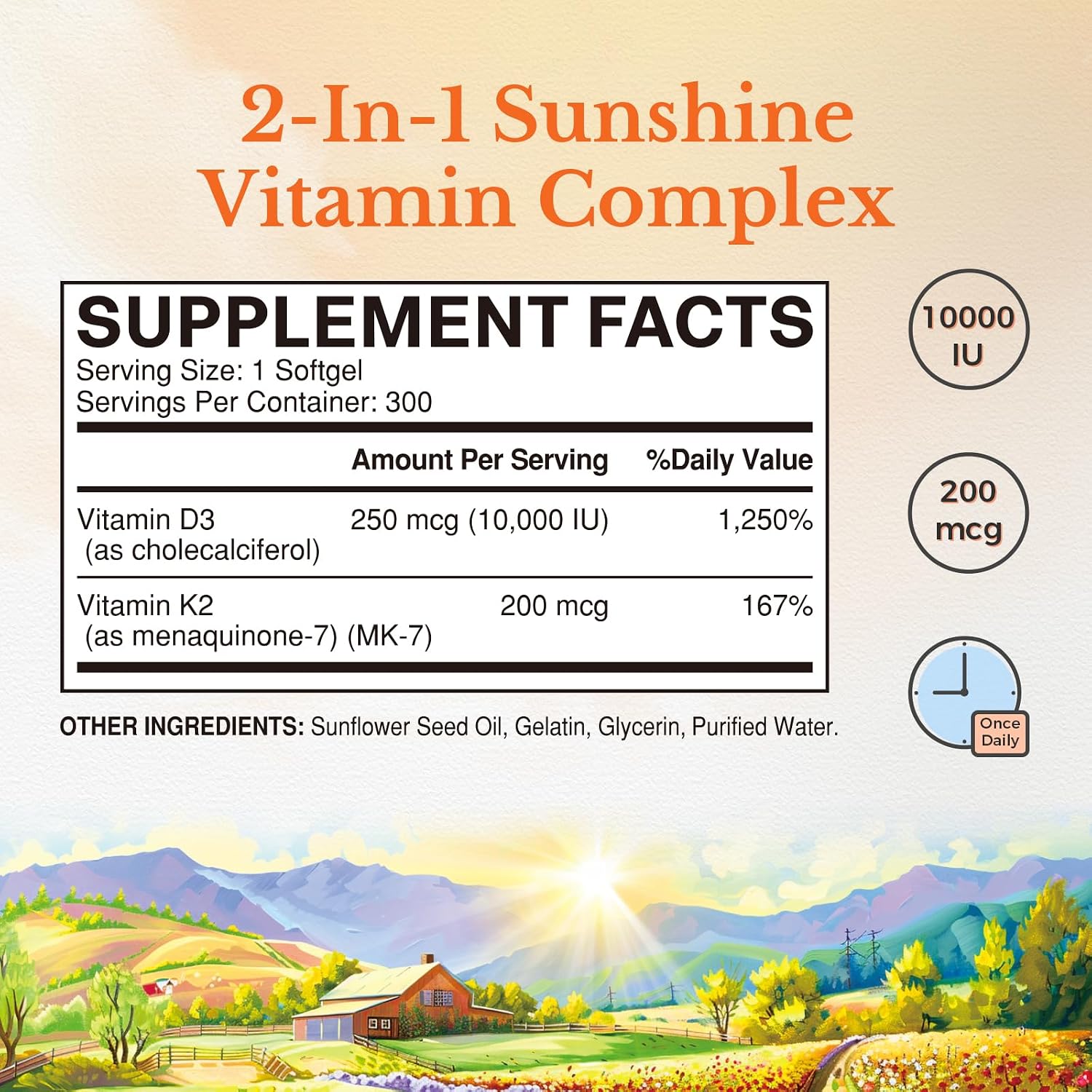 Vitalitown Vitamina D3 K2, 10000 UI D3 + 200 mcg K2 (MK-7), 300 Cápsulas Blandas