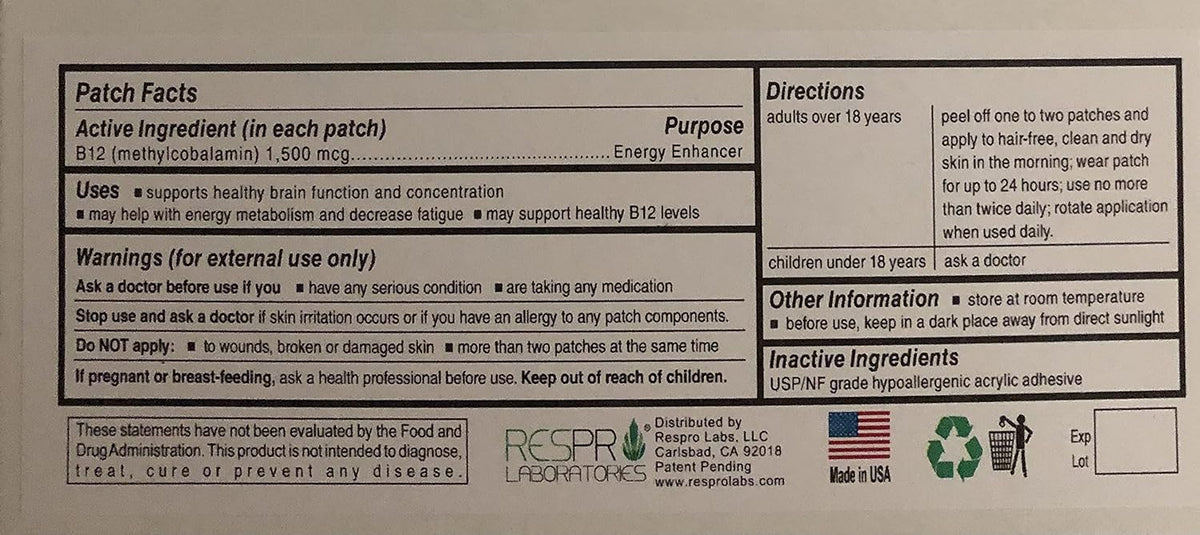 Respro Labs Parche de Vitamina B12 de Alta – Contribuye al metabolismo energético normal. – Image 2