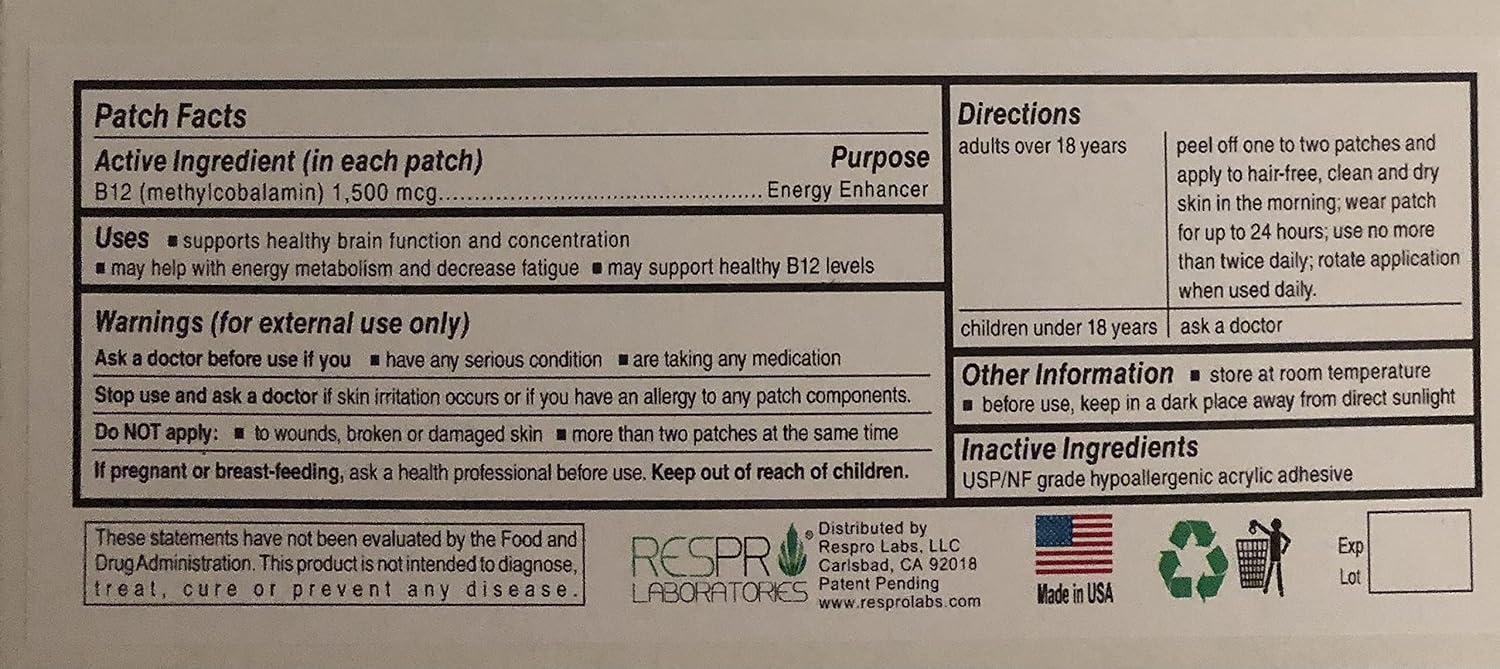 Respro Labs Parche de Vitamina B12 de Alta Potencia - 30 Parches