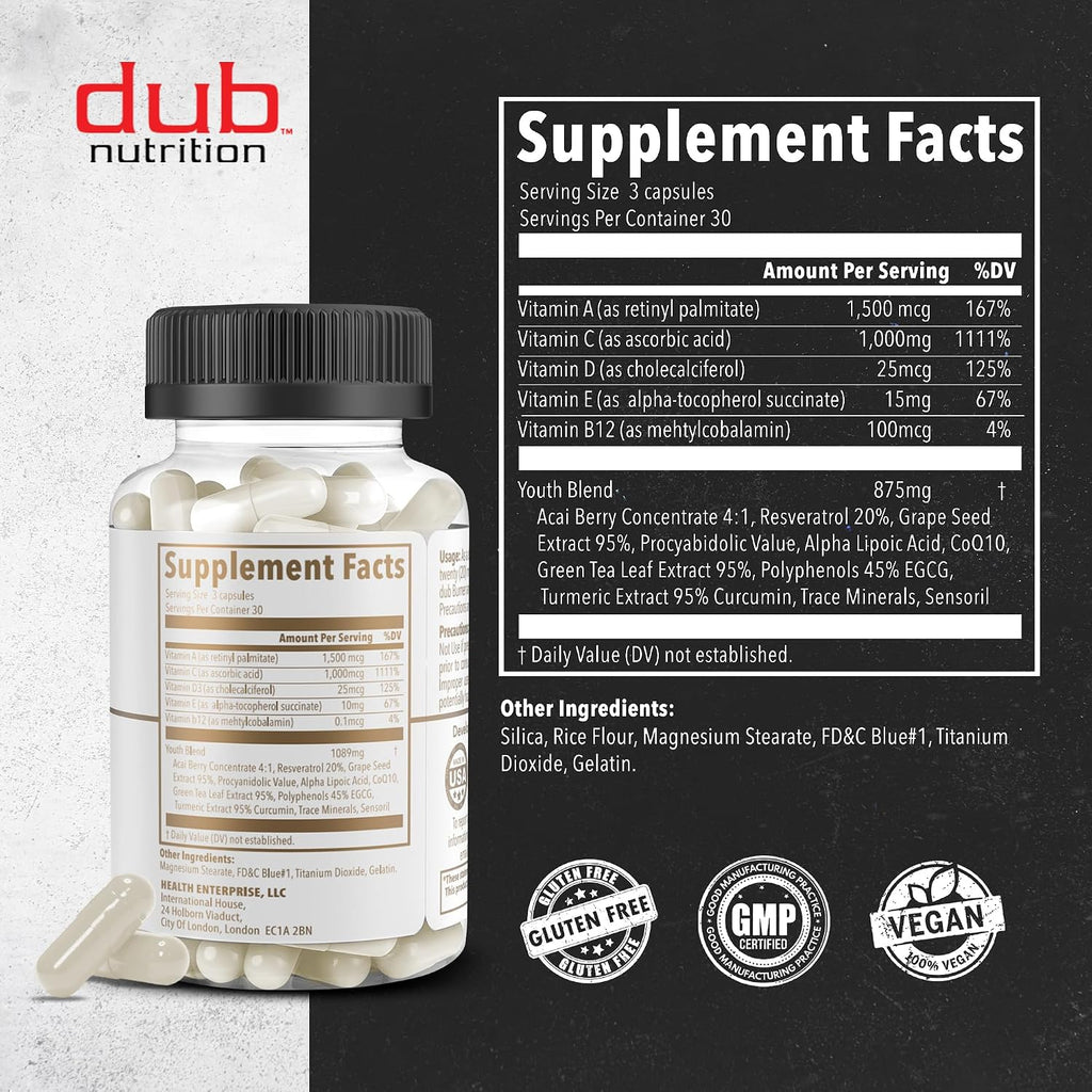Youth de Dub Nutrition - Fórmula con Acai, Resveratrol, Cúrcuma y Vitaminas - 90 Cápsulas