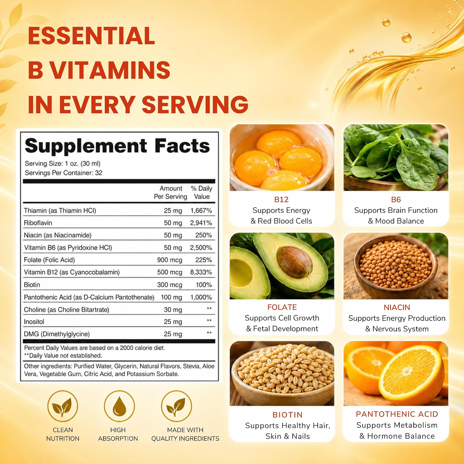 ENP Super B Complex Liquid - B12, B6, Tiamina y Biotina - Apoyo Energético, Metabólico y Nervioso - Vitaminas B Líquidas para el Bienestar Diario - 32 Porciones
