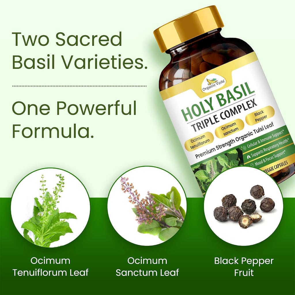 Cápsulas de Albahaca Sagrada (Tulsi) Organic Veda - Complemento Alimenticio con Pimienta Negra - 60 Cápsulas Veganas