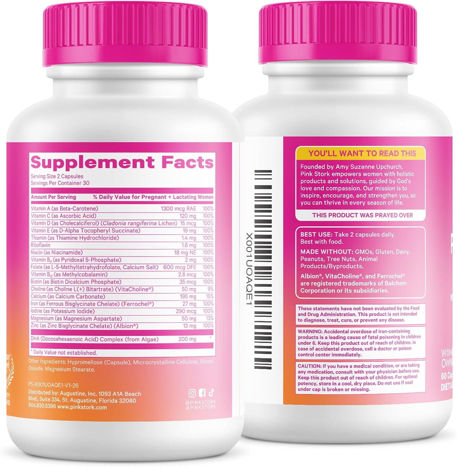 Pink Stork Total Prenatal - Vitaminas Prenatales con DHA Vegano, Folato Metilado y Hierro, 60 Cápsulas