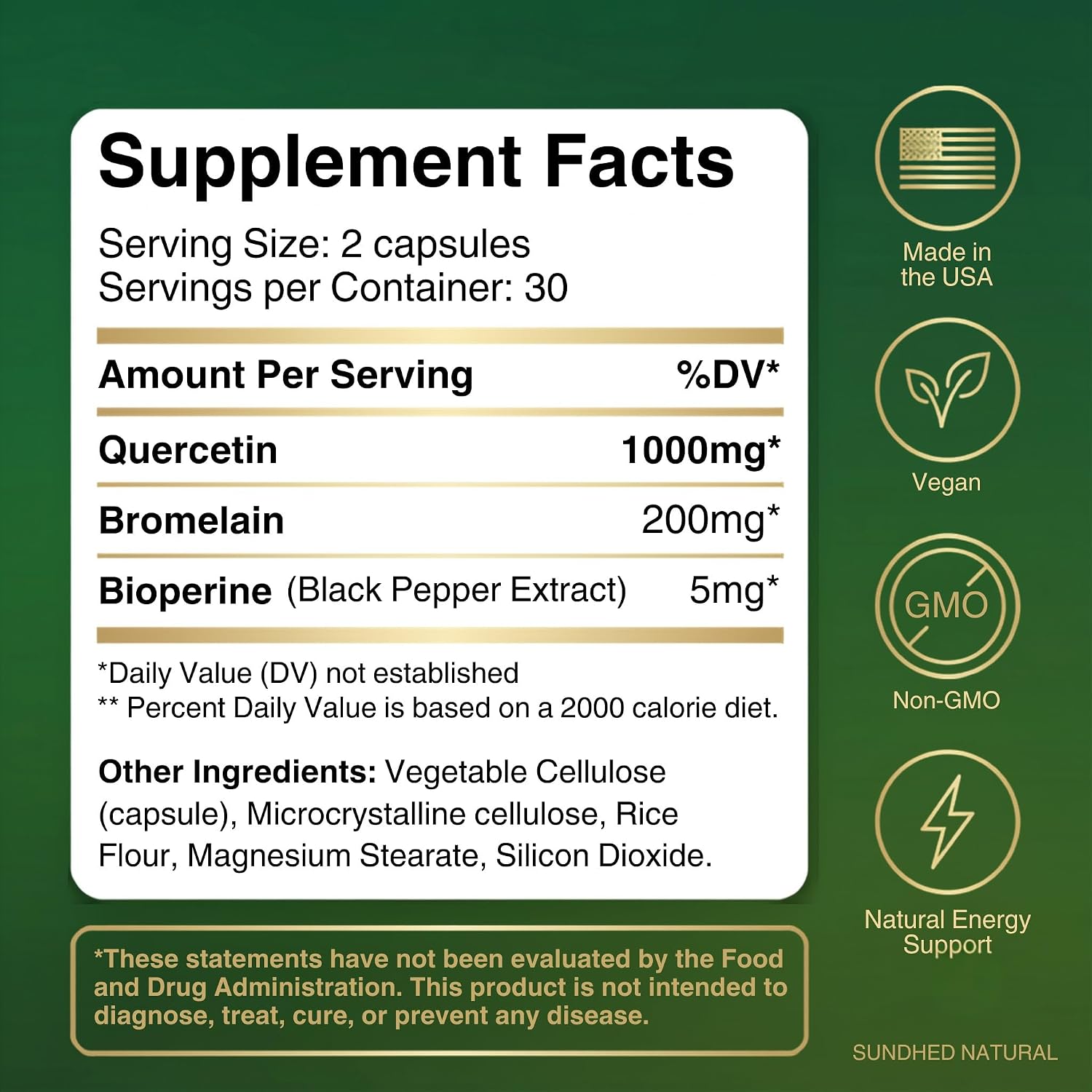Sundhed Natural Quercetina Pura con Bromelina y Bioperina - 1000 mg, 60 Cápsulas