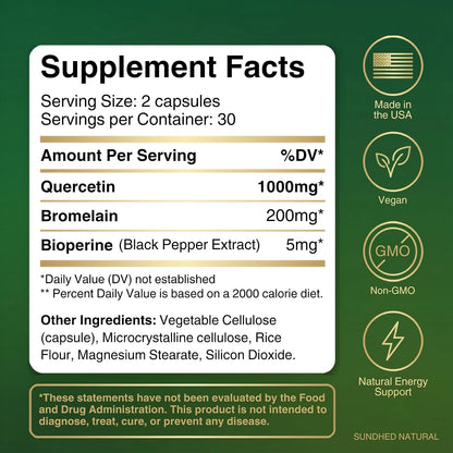 Sundhed Natural Quercetina Pura con Bromelina y Bioperina - 1000 mg, 60 Cápsulas – Image 9