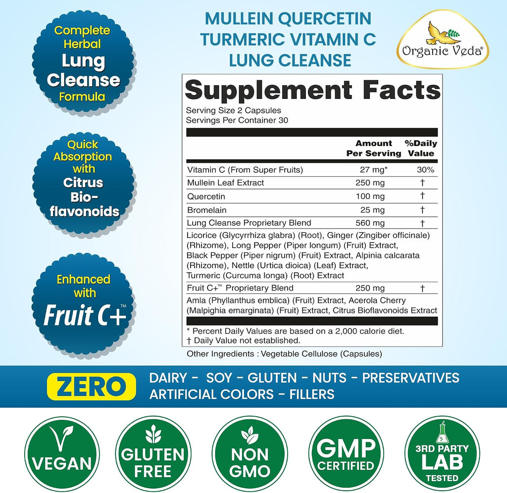 Organic Veda Mullein Quercetin Turmeric – 13 en 1 Suplemento Pulmonar (60 Cápsulas)