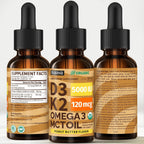 Vitamin D3 K2 Drops con MCT Oil y Omega 3 - Gotas Líquidas de Vitamina D3 5000 IU y K2 - Orgánico, No Rellenos, No GMO - Sabor Mantequilla de Maní (2 Pack, 2 fl oz cada uno)