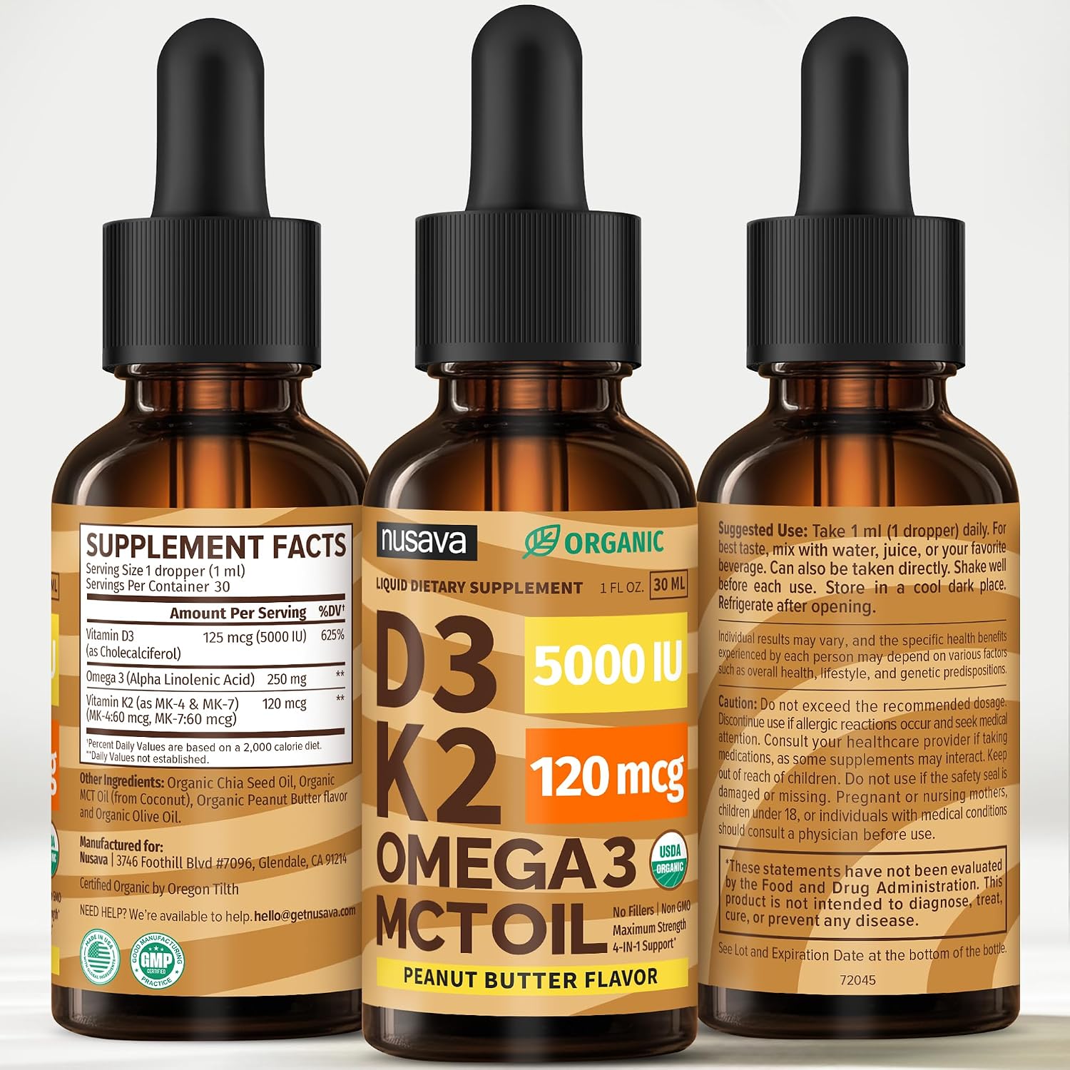 Vitamin D3 K2 Drops con MCT Oil y Omega 3 - Gotas Líquidas de Vitamina D3 5000 IU y K2 - Orgánico, No Rellenos, No GMO - Sabor Mantequilla de Maní (2 Pack, 2 fl oz cada uno)