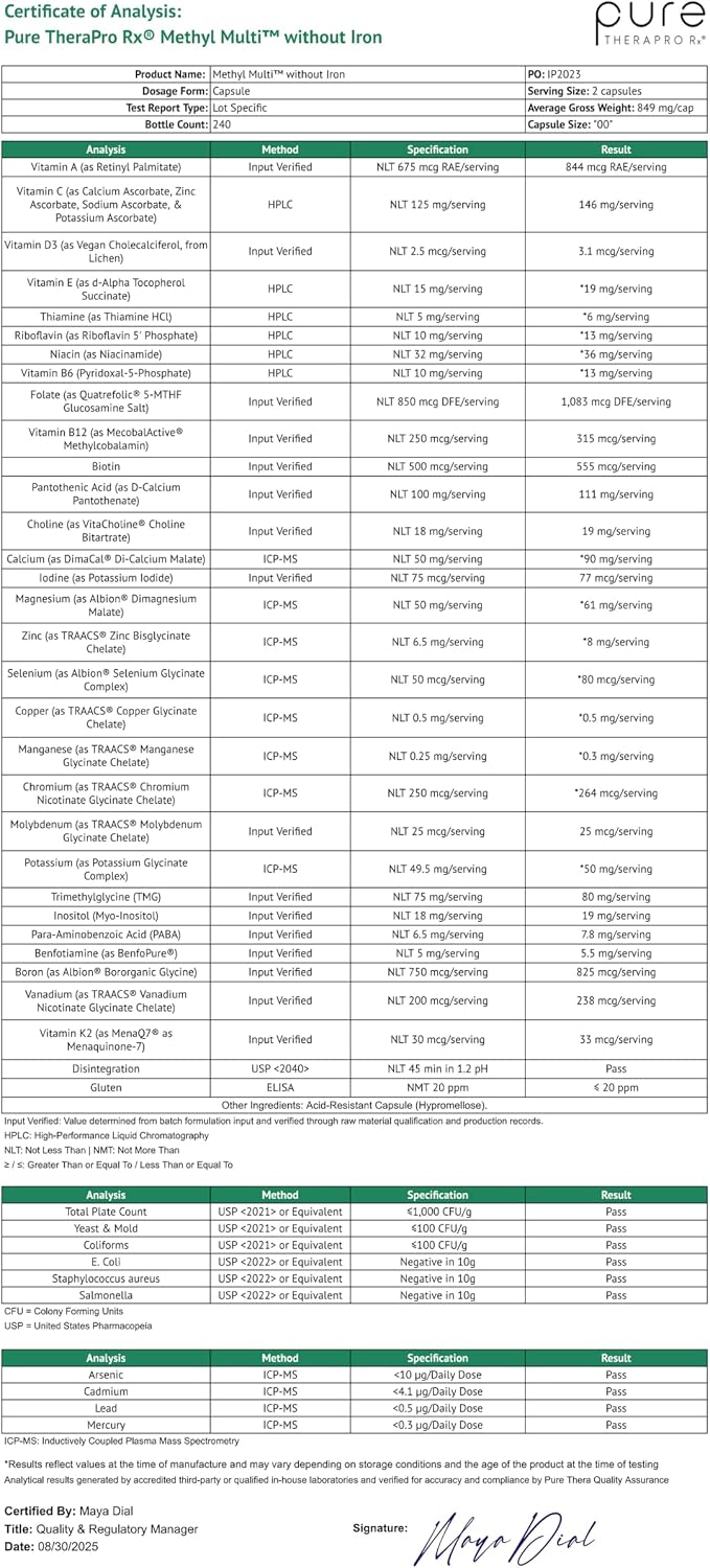 Pure Therapro Rx Multivitamínico Metilado Sin Hierro, 240 Cápsulas (Suministro para 4 Meses)