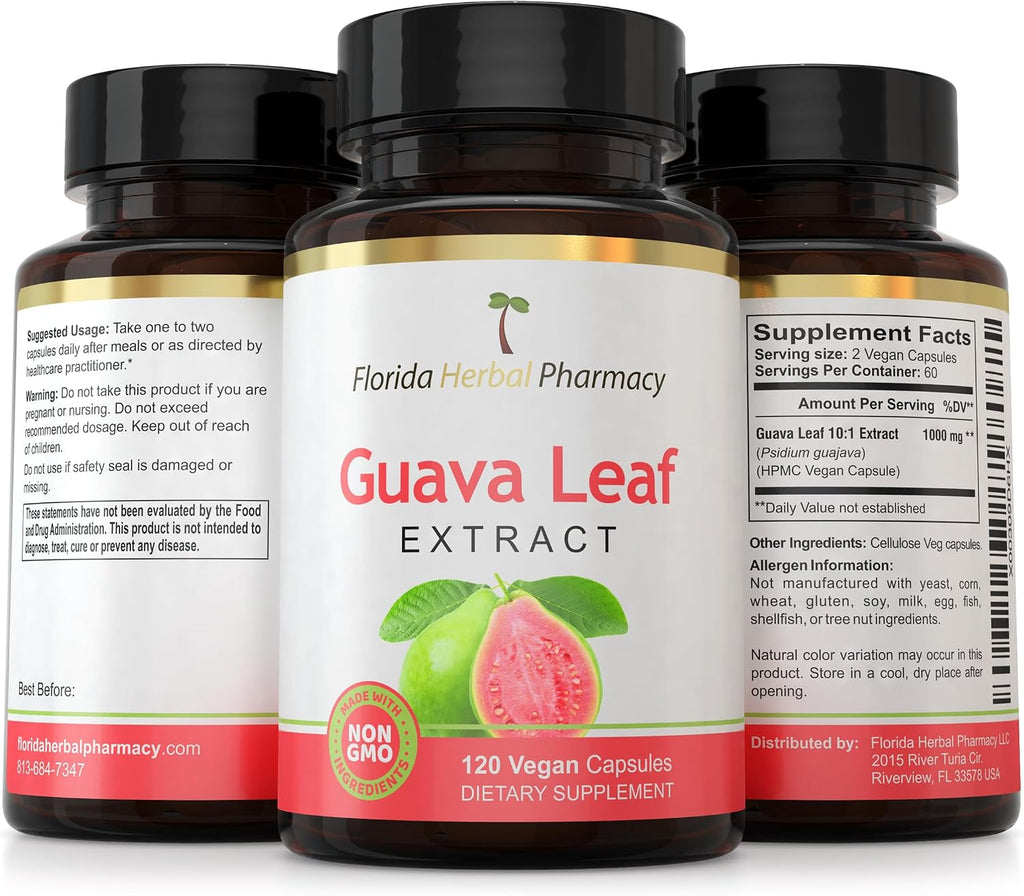 Florida Herbal Pharmacy, Extracto de Hoja de Guayaba 10:1 - 120 Cápsulas, Suministro para Dos Meses