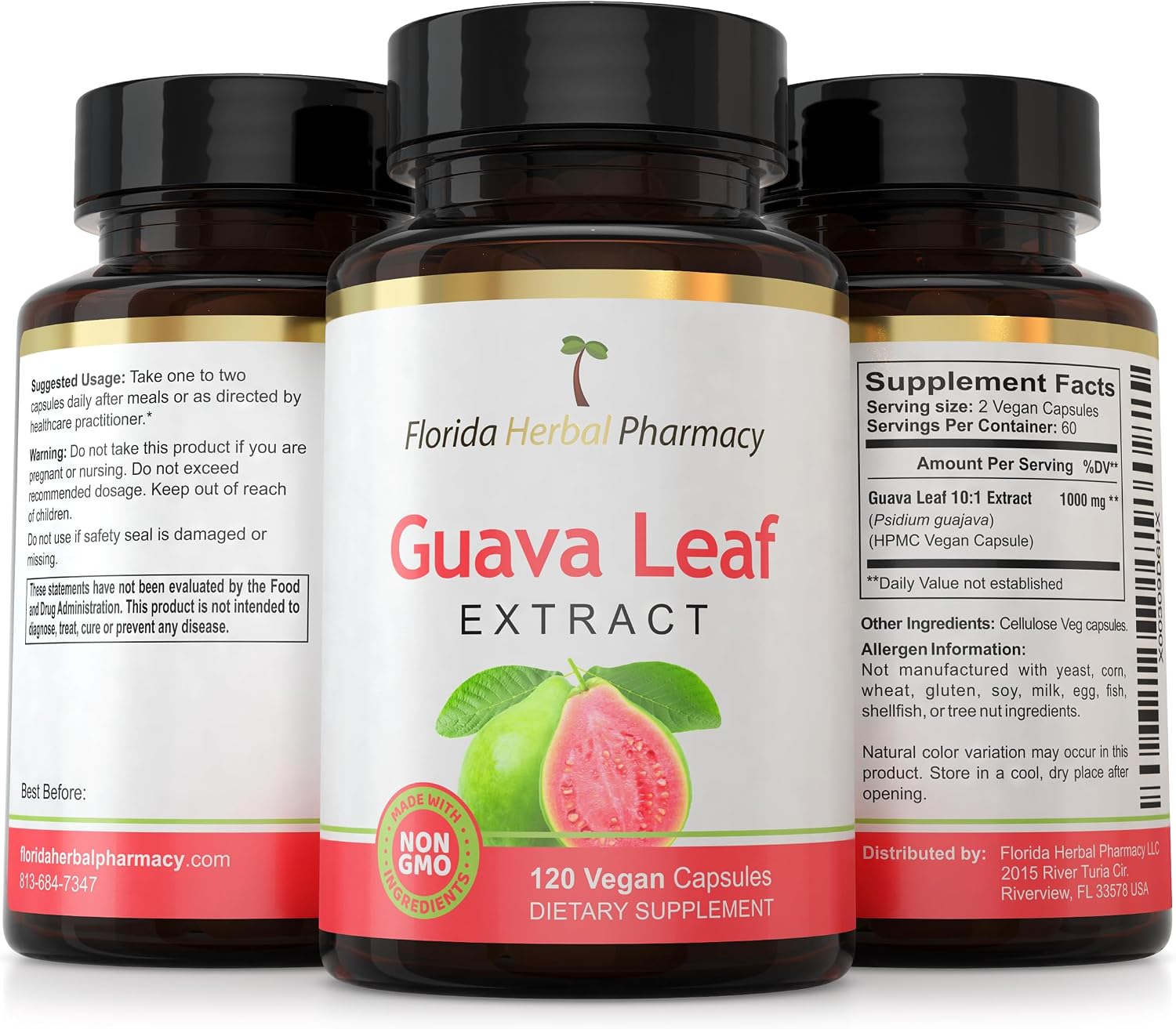 Florida Herbal Pharmacy, Extracto de Hoja de Guayaba 10:1 - 120 Cápsulas, Suministro para Dos Meses