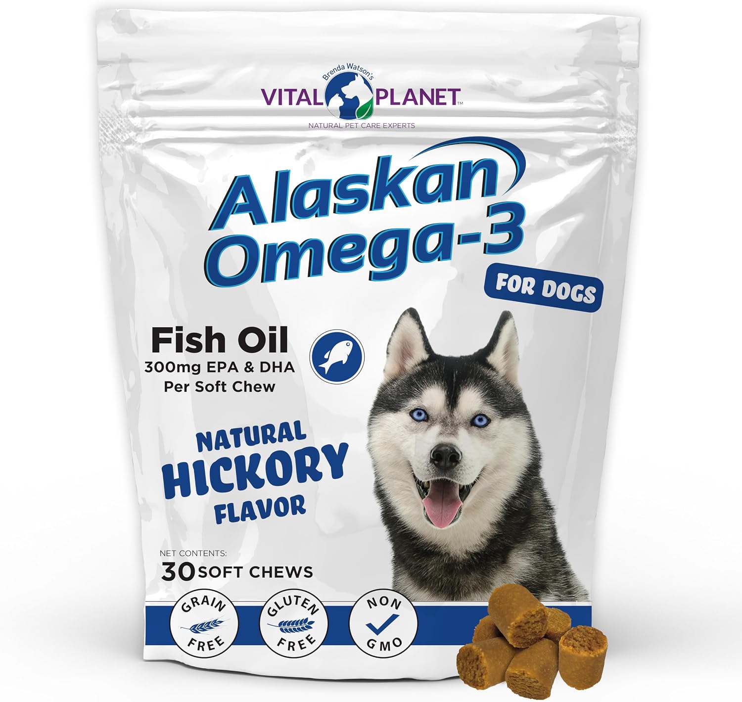 Vital Planet - Alaskan Omega-3 Masticables para Perros, Aceite de Pescado Salvaje de Alaska – 30 Masticables Sabor Hickory