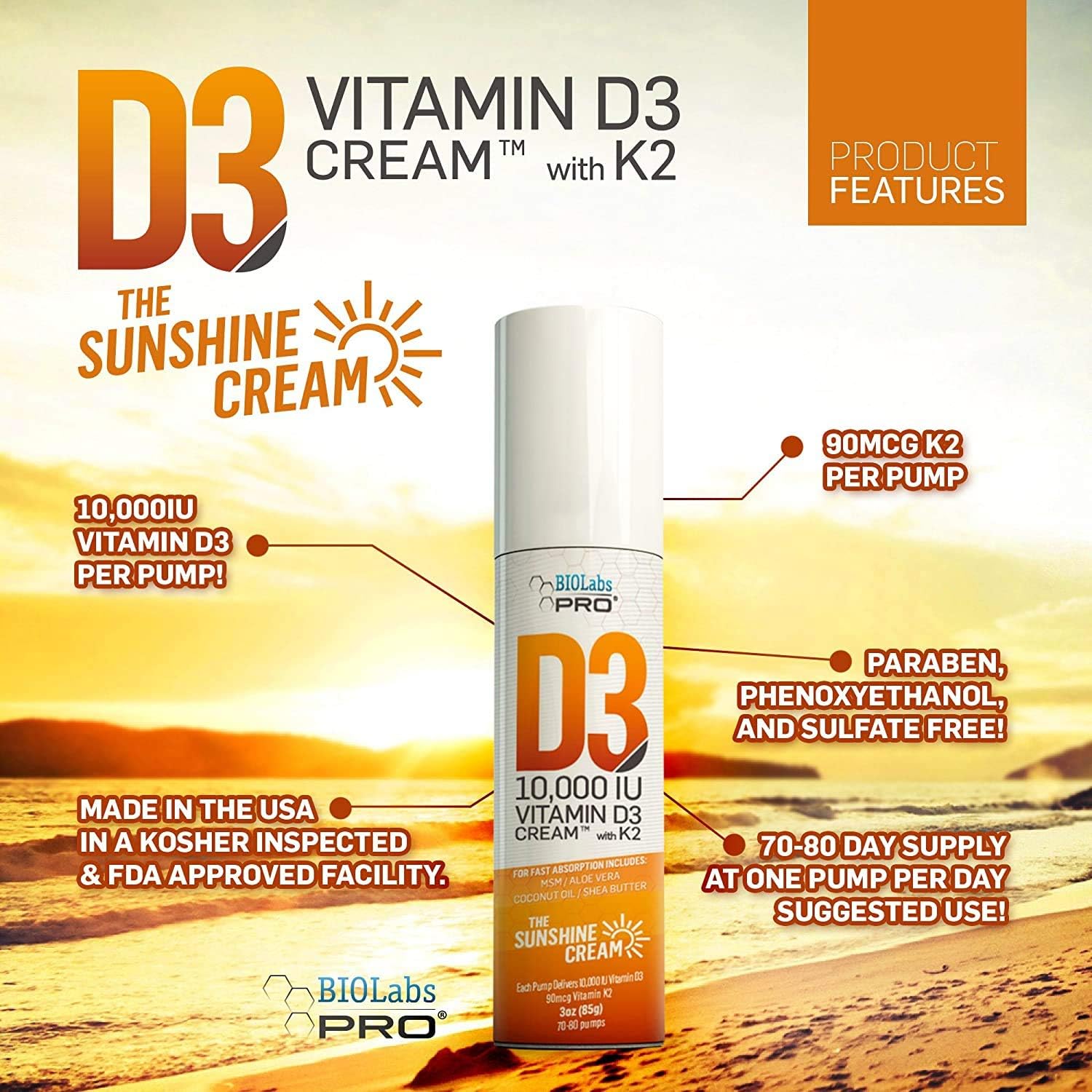 BIOLABS PRO Vitamin D3 10,000 UI Cream with K2 and Olive Oil - 85 g
