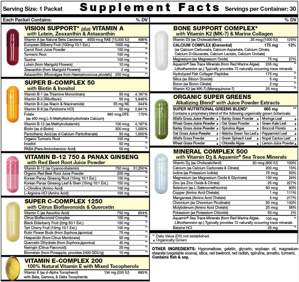 Great Start Pack Diario Todo en Uno - Nutrición Esencial con Vitaminas C, D3, K2, Complejo B, Zinc, Minerales Traza, Super Greens y Colágeno Marino - 30 Días