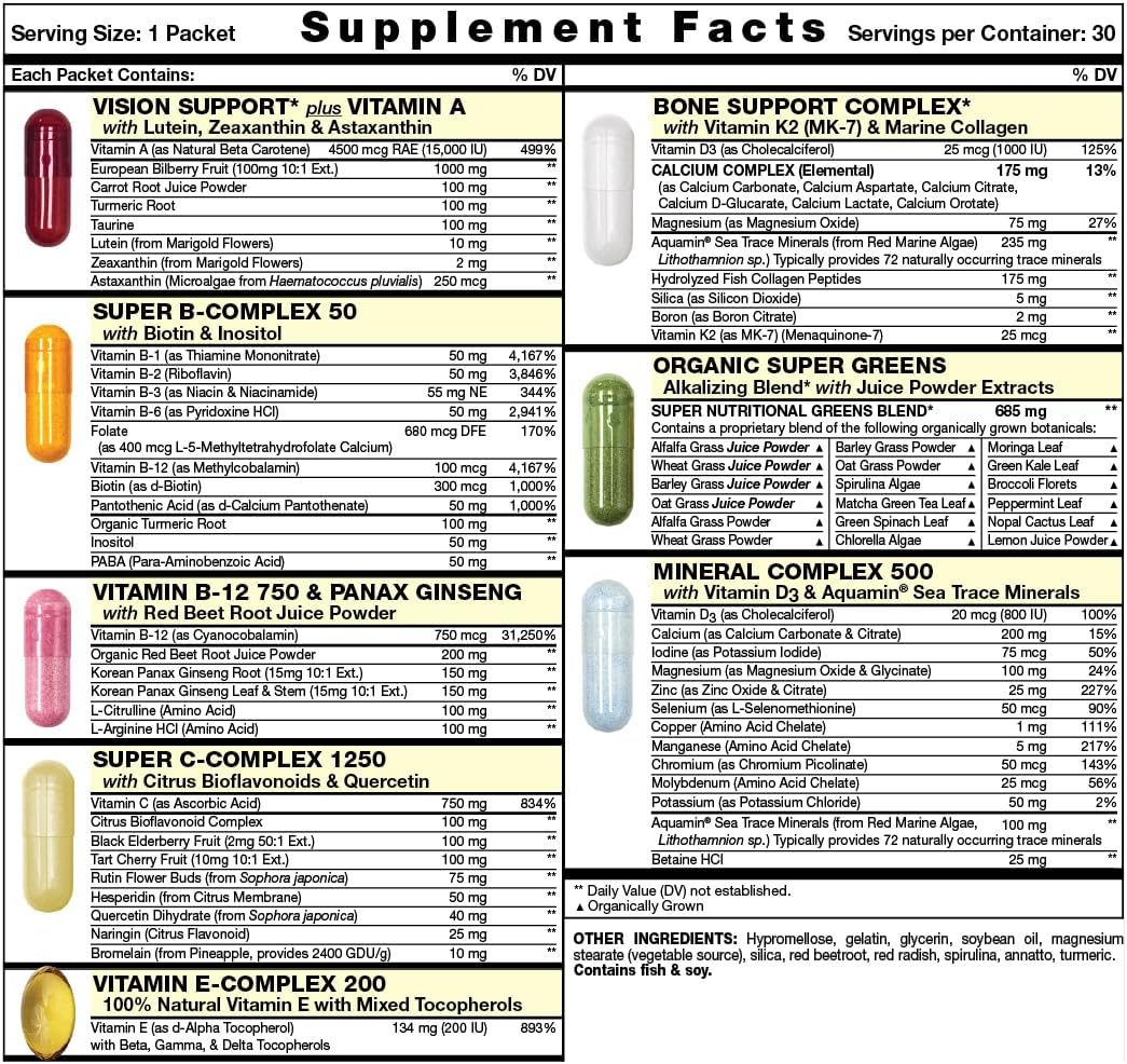 Great Start Pack Diario Todo en Uno - Nutrición Esencial con Vitaminas C, D3, K2, Complejo B, Zinc, Minerales Traza, Super Greens y Colágeno Marino - 30 Días