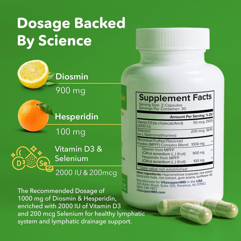 Fórmula Linfática VITASUPPORTMD - Diosmin Hesperidina 1000mg con Selenio y Vitamina D3, 60 Cápsulas
