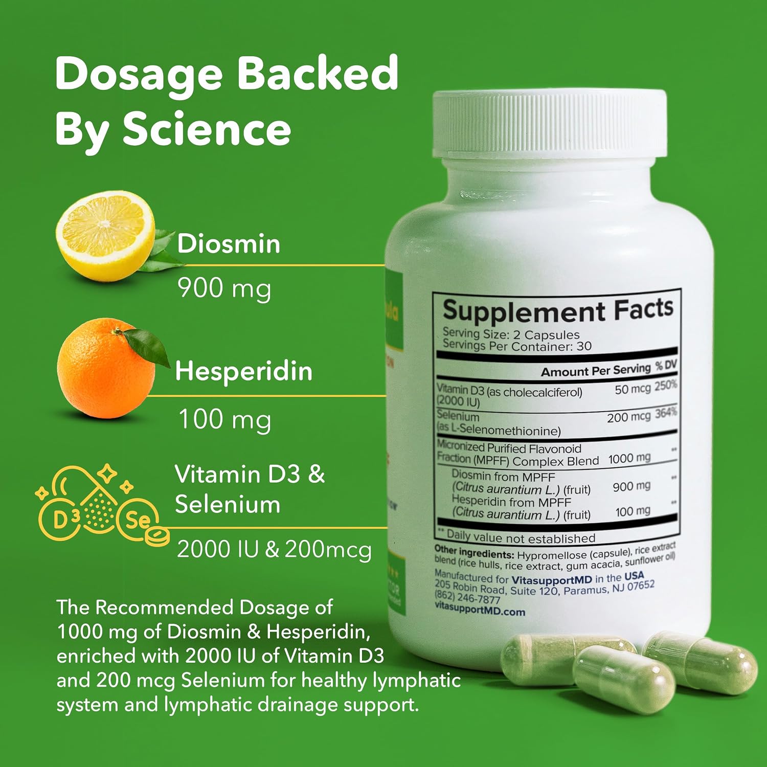Fórmula Linfática VITASUPPORTMD - Diosmin Hesperidina 1000mg con Selenio y Vitamina D3, 60 Cápsulas