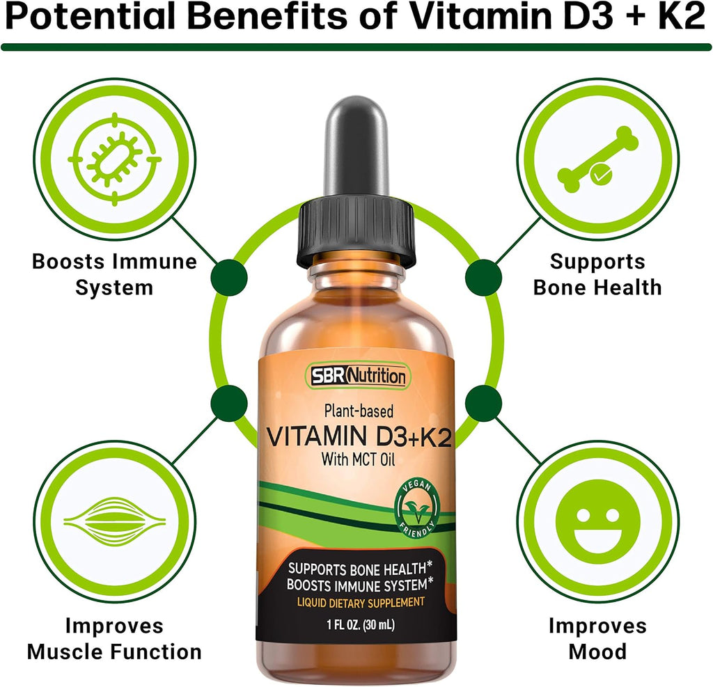 Vitamina D3 + K2 (MK-7) Gotas Veganas con Aceite MCT y Sabor a Menta