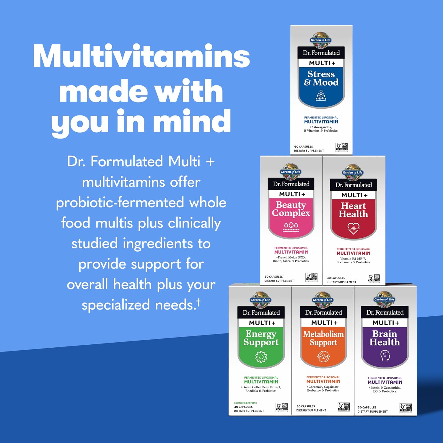 Garden of Life Dr. Formulated Multi+ Stress & Mood - Multivitamínico con Ashwagandha, Vitaminas B y Probióticos, 60 Cápsulas