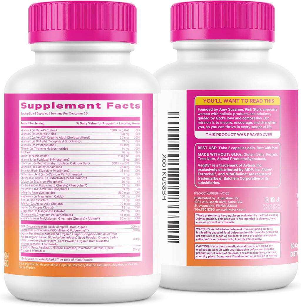 Pink Stork Premium Prenatal - Vitaminas Prenatales con Folato Metilado, DHA de Algas y Hierro