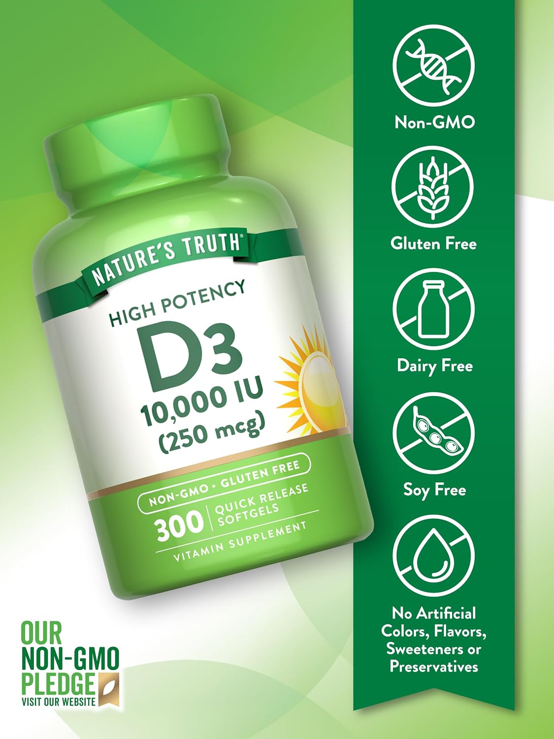 Nature's Truth Vitamina D3 10000 UI Cápsulas Blandas | 300 Unidades | Alta Concentración | No-GMO y Sin Gluten