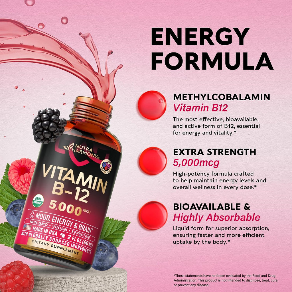 Vitamina B12 Orgánica Gotas Sublinguales - 5000 mcg Metilcobalamina Vegano - 60 ml