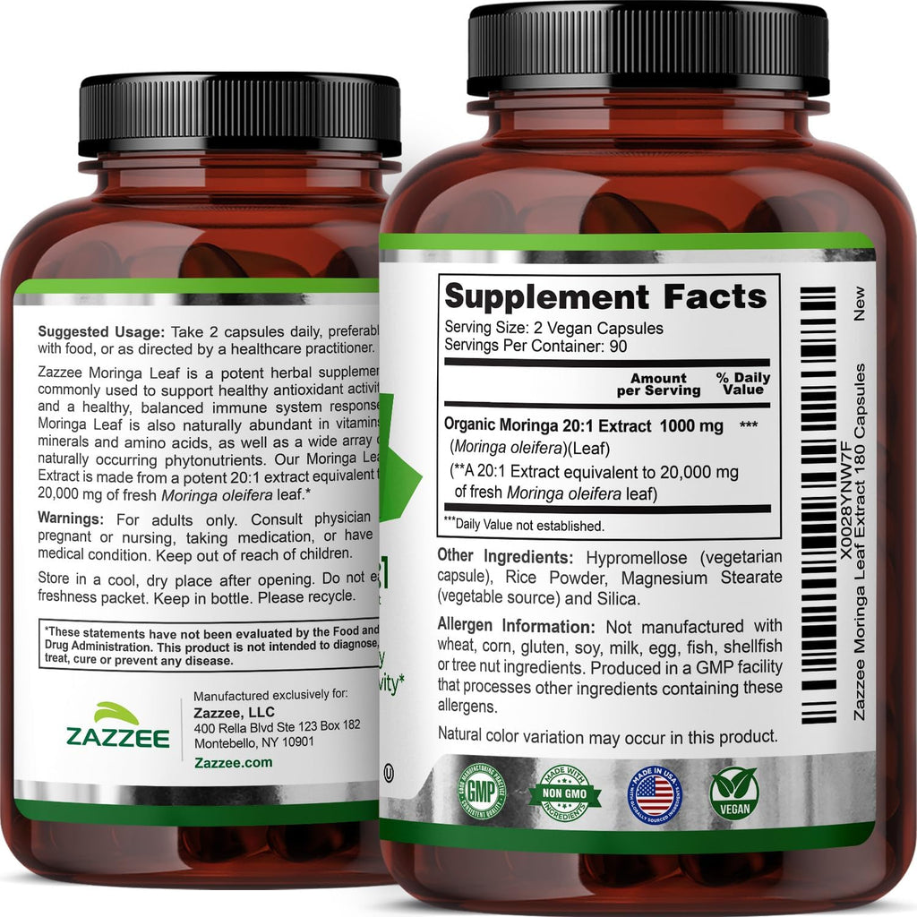 Zazzee Moringa Orgánica Extracto 20:1 - 180 Cápsulas Veganas