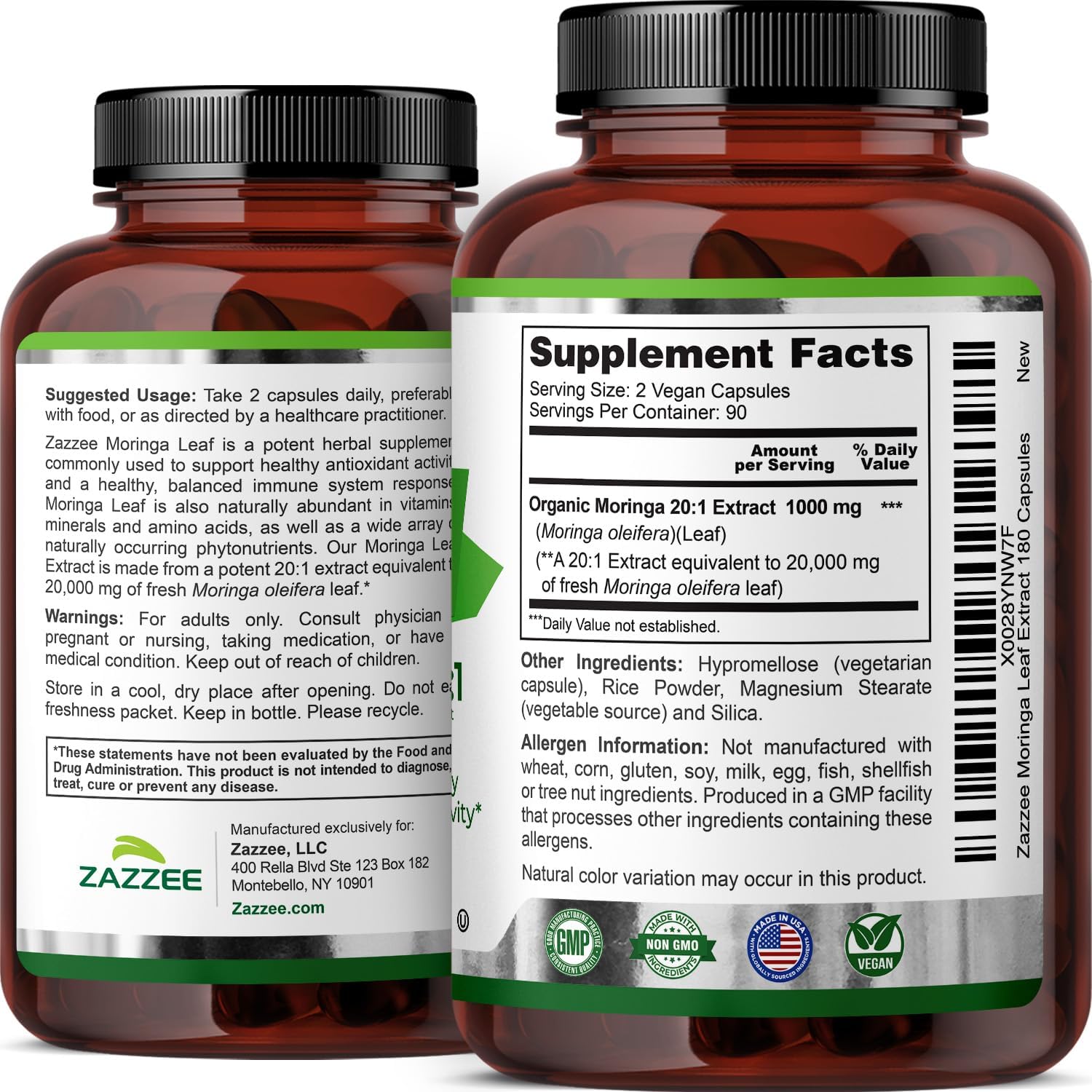 Zazzee Moringa Orgánica Extracto 20:1 - 180 Cápsulas Veganas