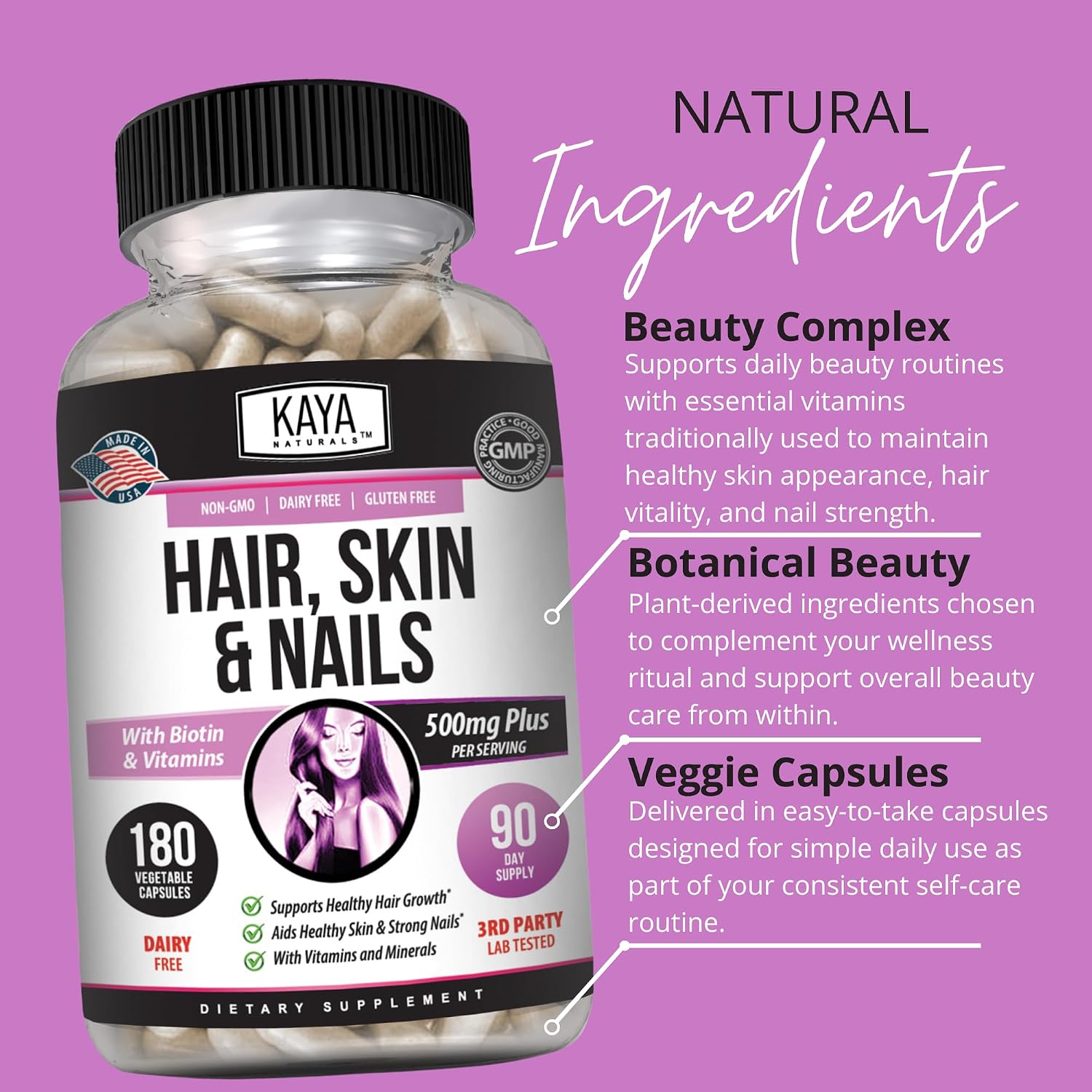 Kaya Naturals Cápsulas para Cabello, Piel y Uñas con Biotina y Vitaminas - 180 Cápsulas