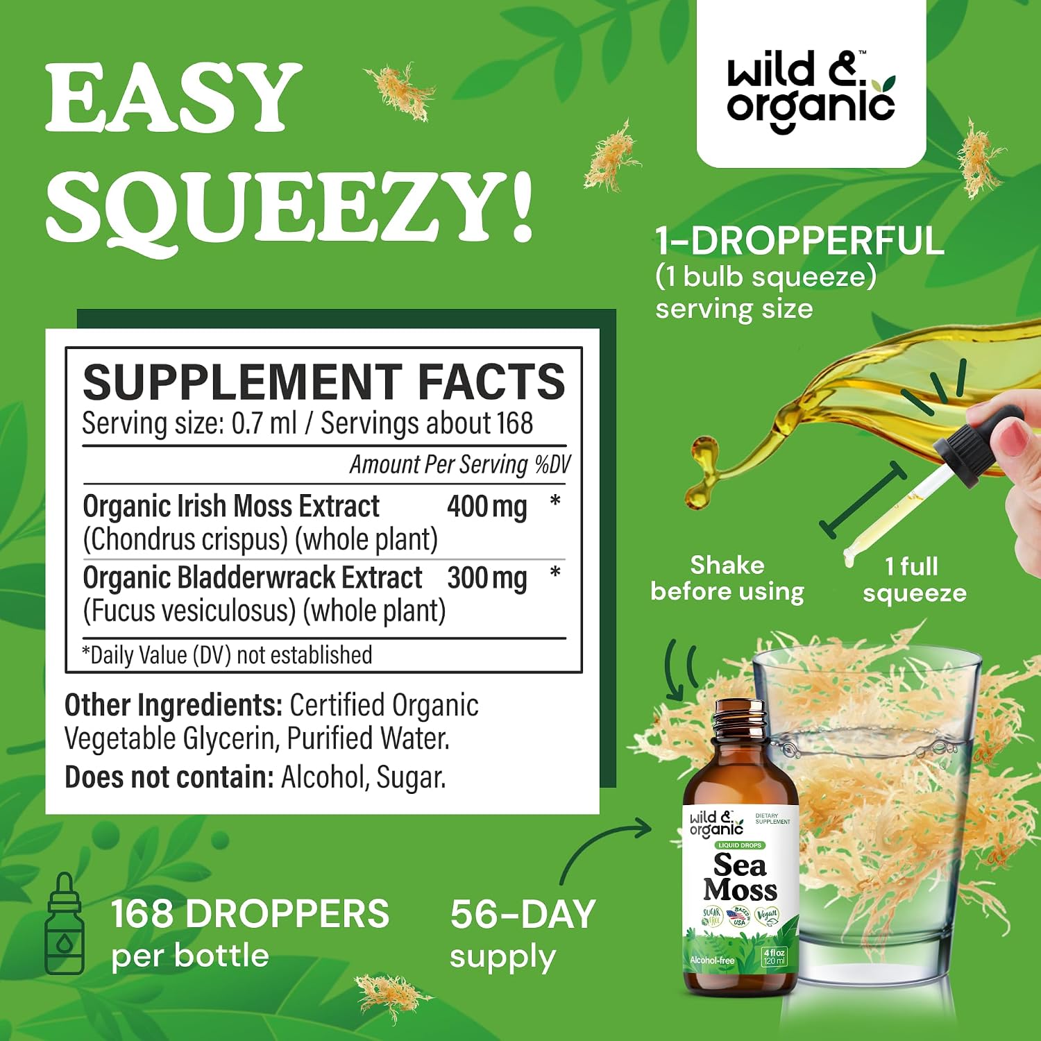 Wild & Organic Sea Moss Drops - Tintura multimineral de musgo irlandés y fucus - Vegano, sin alcohol ni azúcar - 118 ml