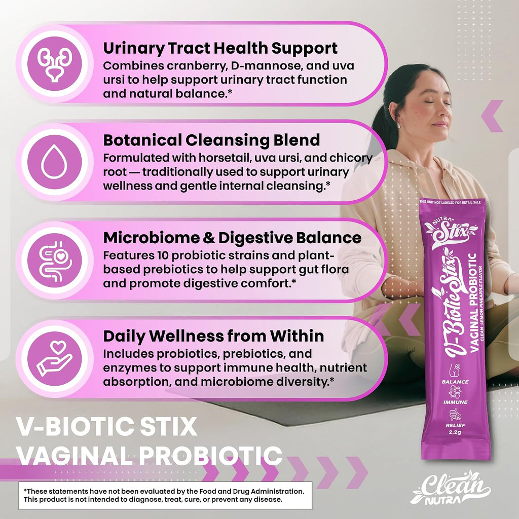 Clean Nutraceuticals Probióticos Vaginales para Mujeres con Extracto de Arándano, D-Manosa, Prebióticos, Equilibrio del pH, Salud Vaginal – Alternativa Probiótica Femenina a las Gominolas - 20 Sticks