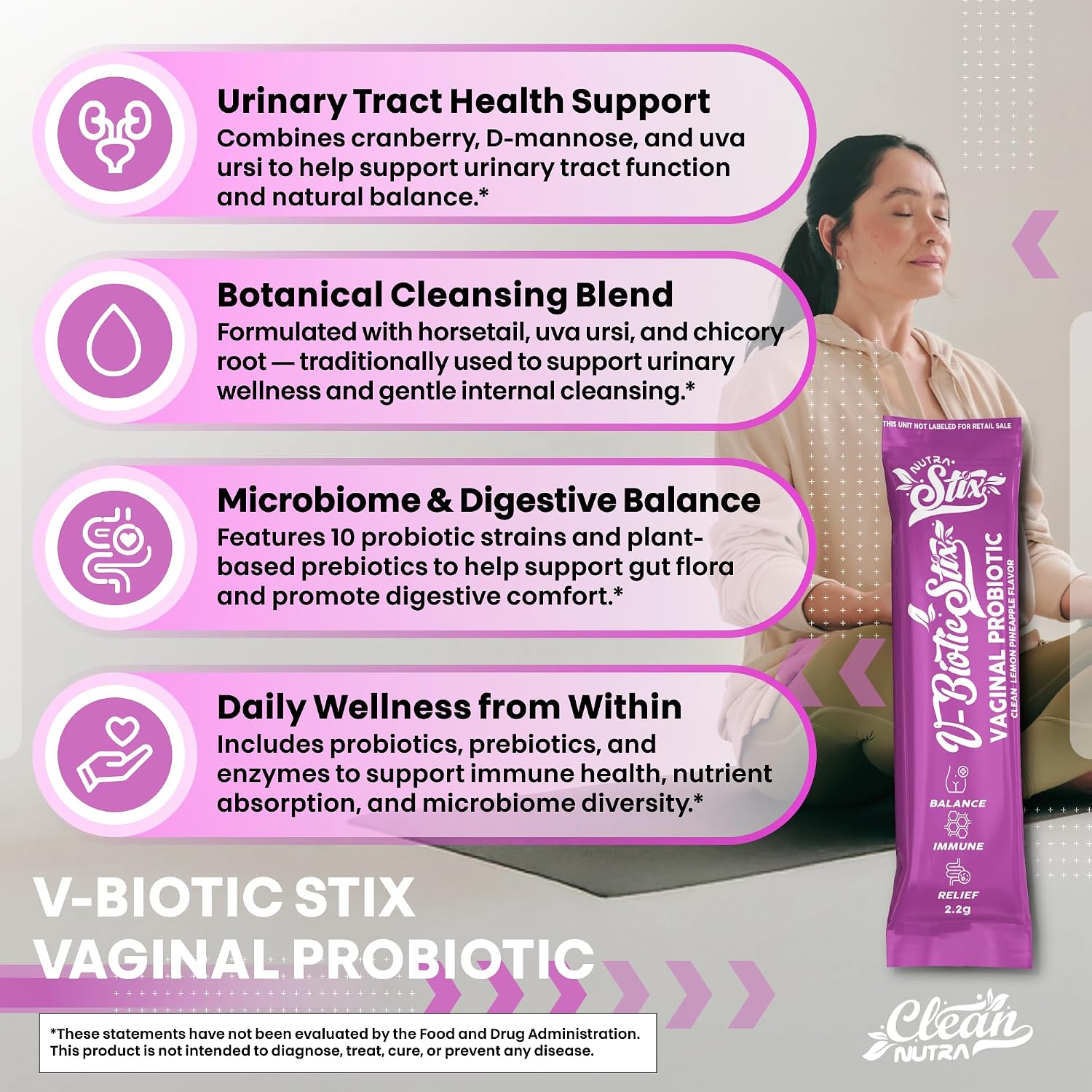Clean Nutraceuticals Probióticos Vaginales para Mujeres con Extracto de Arándano, D-Manosa, Prebióticos, Equilibrio del pH, Salud Vaginal – Alternativa Probiótica Femenina a las Gominolas - 20 Sticks