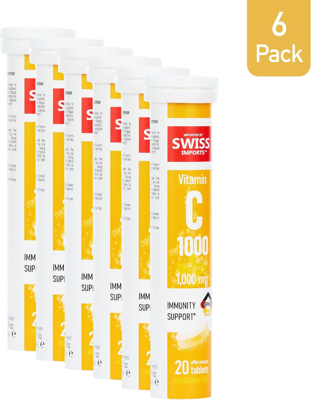 Swiss Imports Vitamina C Efervescente 1000 mg, 6 Paquetes, 120 Comprimidos