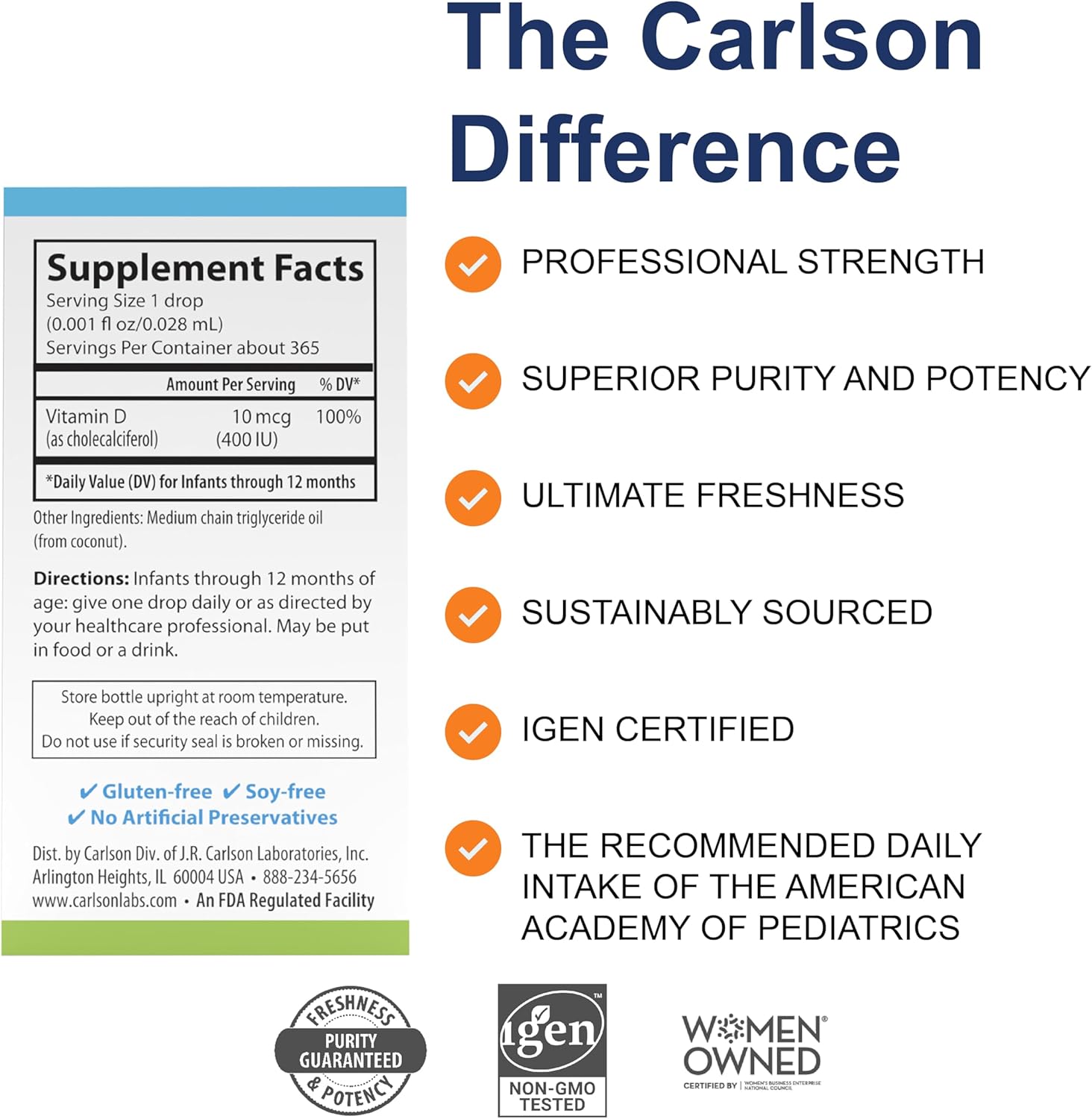 Carlson Baby's Super Daily D3 - Gotas de Vitamina D3 para Bebés, 400 UI, 365 Gotas