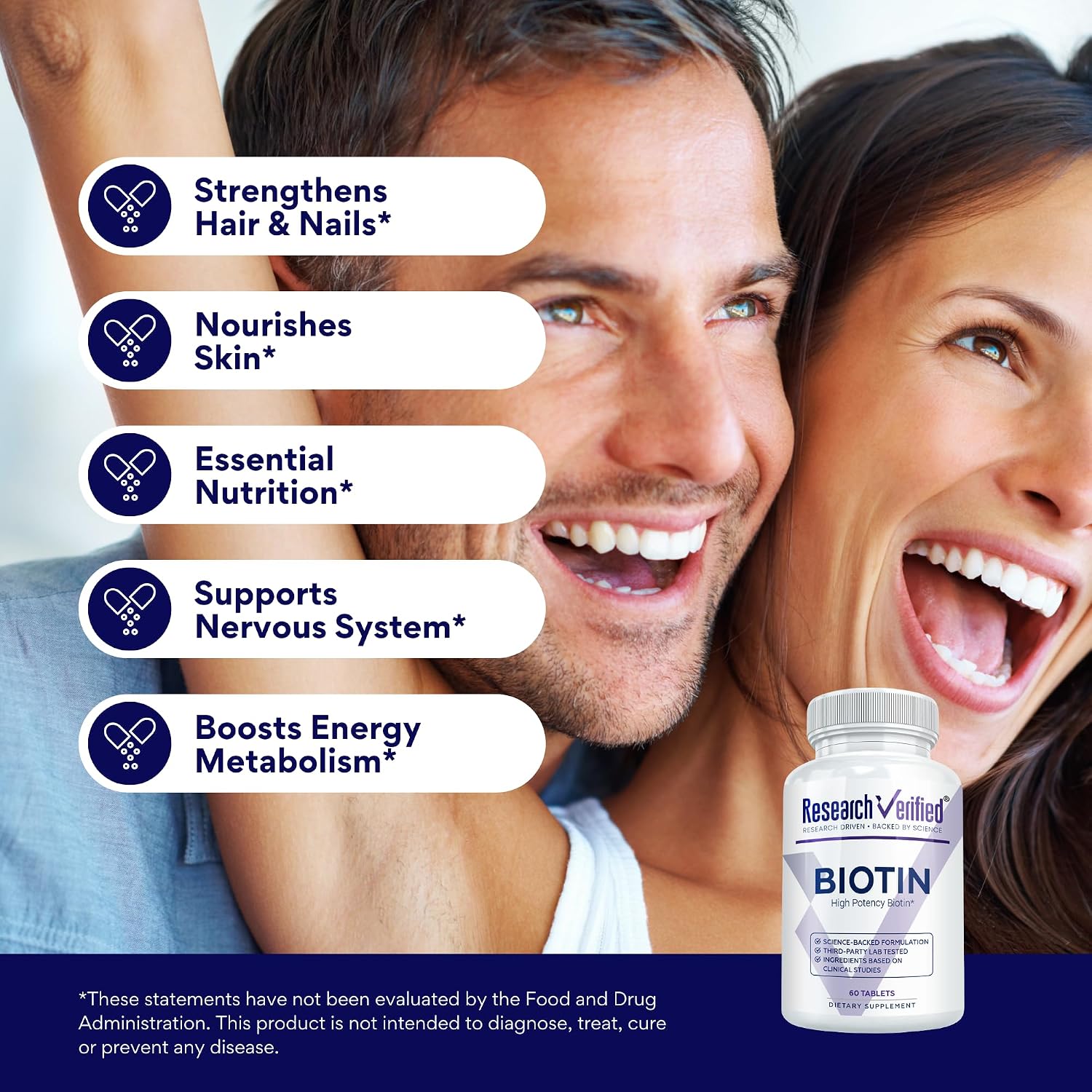 Research Verified Biotin 10000 mcg – Biotina Pura Extra Fuerte – 60 Comprimidos Veganos