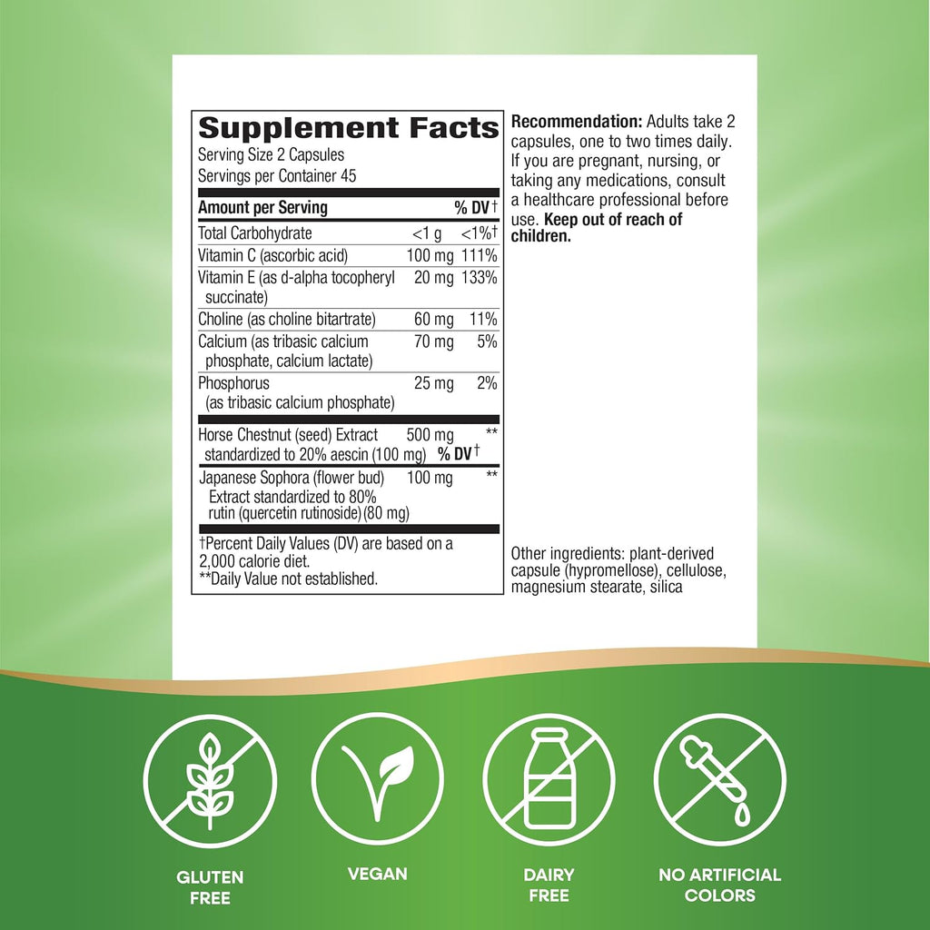 Nature's Way Premium Hem-Care, Mezcla única para la salud de las venas, con Vitaminas C y E, Colina, Calcio, Fósforo, Extracto de Castaño de Indias y Extracto de Sophora Japonica, 90 Cápsulas