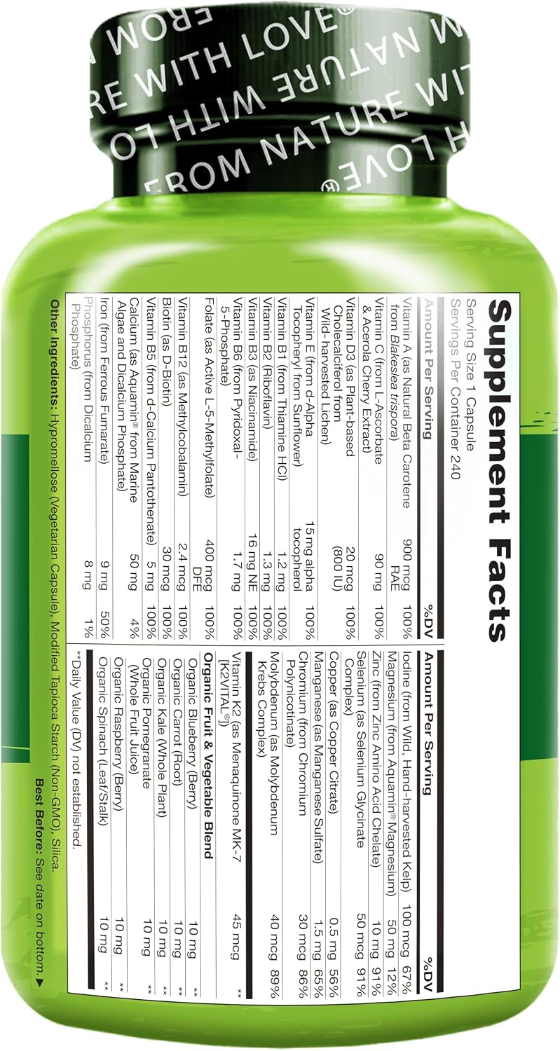 NATURELO Multivitamínico Diario para Mujeres - 240 Cápsulas - con Vitamina B12, Complejo B Activo, Extractos Vegetales, Sin OMG, Vegano - 8 Meses de Suministro