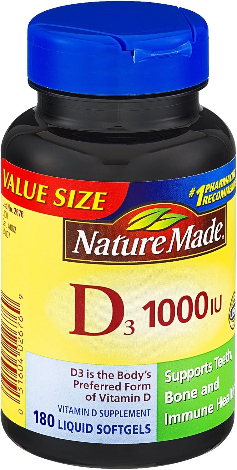 Nature Made D3 1000 UI Suplemento de Vitamina D Cápsulas Blandas, 180 unidades (Paquete de 3)