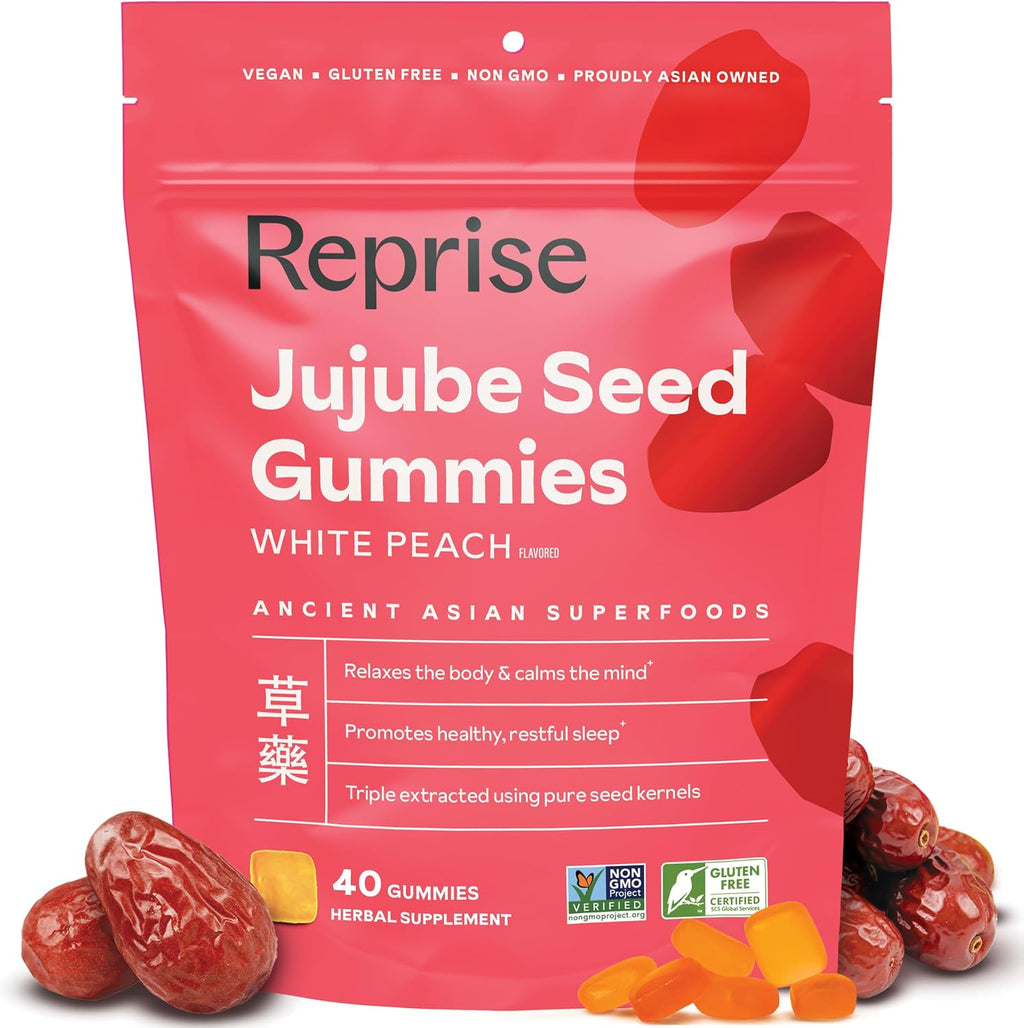 Reprise Jujube Seeds in Daily Gummies, 300 mg Full-Spectrum Jujube Seeds, Vegan, Gelatin Free, Peach Flavored, 40 Gummies
