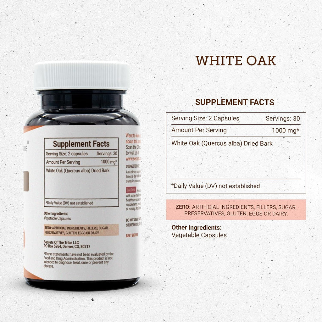Secrets of the Tribe White Oak (Quercus alba) 1000 mg, 60 Cápsulas