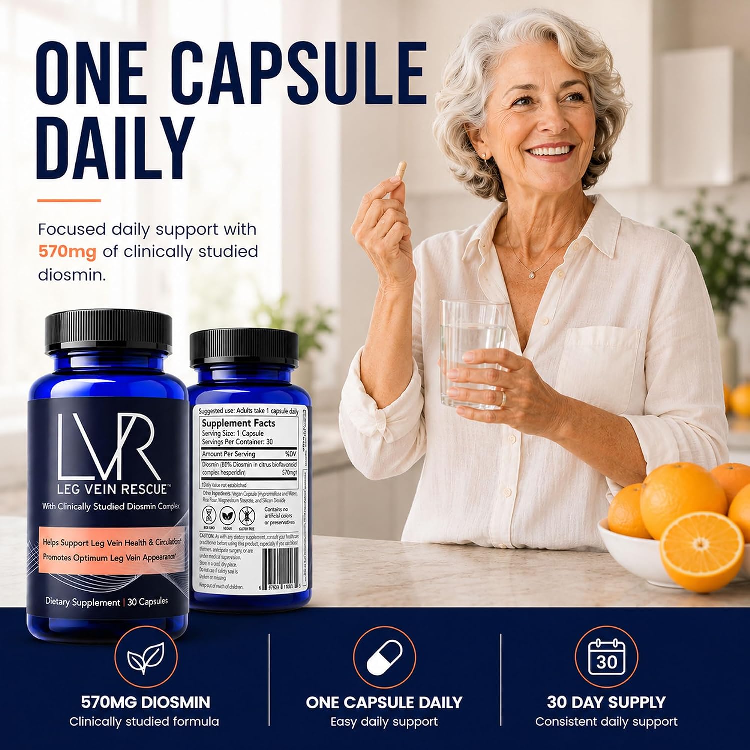 LVR Suplemento de Diosmina, 570mg, para el Bienestar de las Piernas y la Circulación, 30 Días