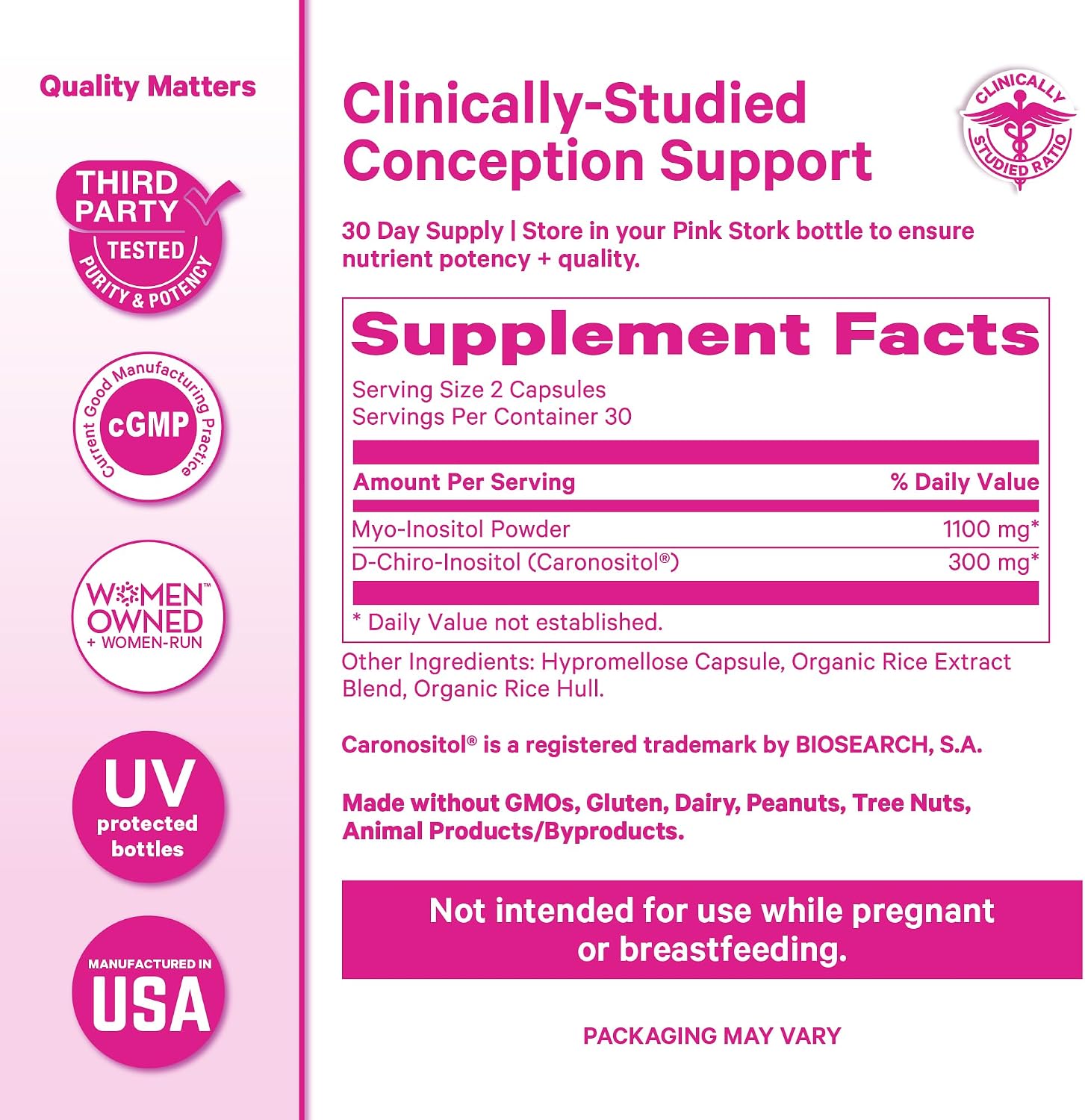 Pink Stork Myo-Inositol y D-Chiro Inositol: Mezcla 3.6:1 para el Equilibrio Hormonal y la Fertilidad - 60 Cápsulas