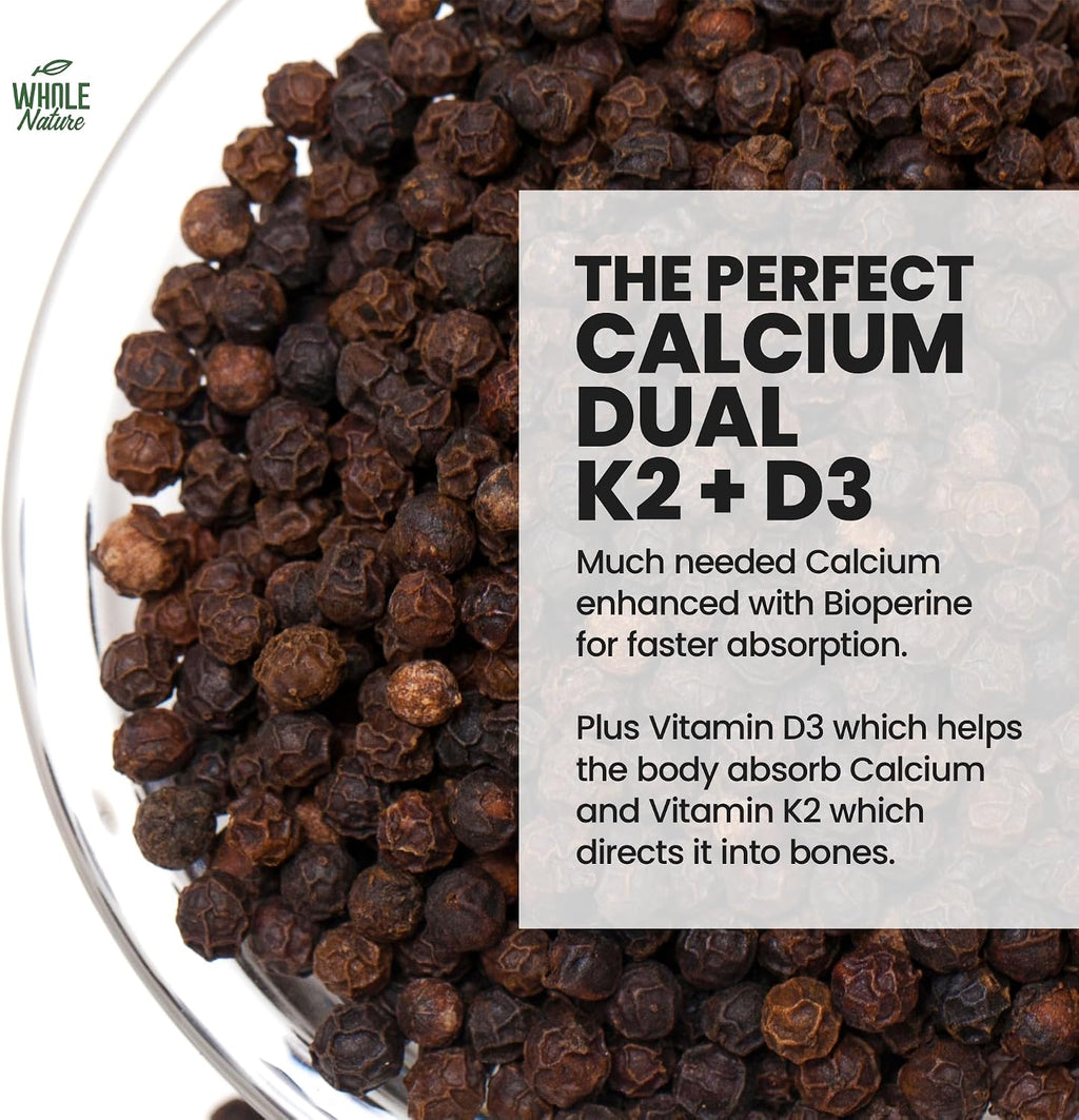 Whole Nature Vitamina D3 + K2 MK-7 con BioPerine - 5000 UI D3 + K2 MK-7 para Huesos - 60 Cápsulas Veganas