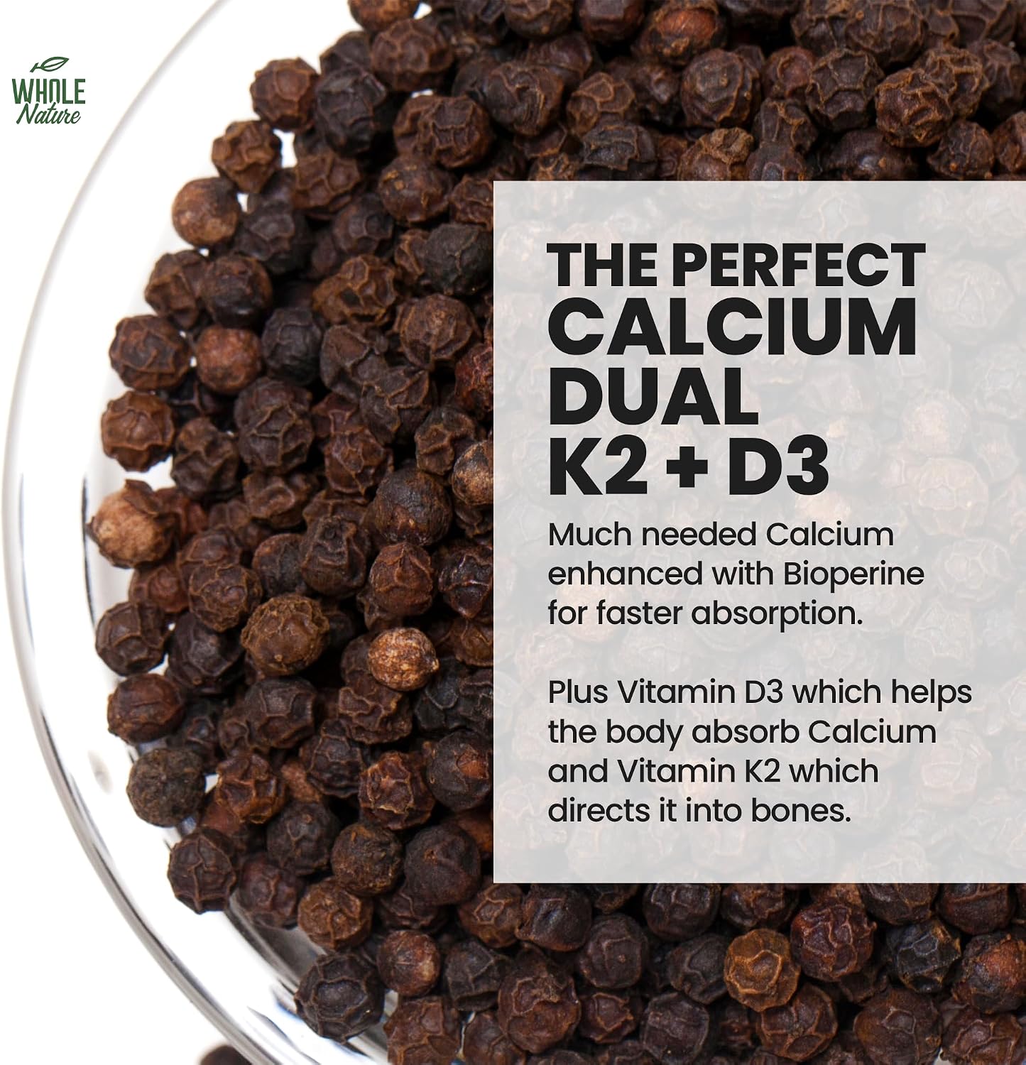 Whole Nature Vitamina D3 + K2 MK-7 con BioPerine - 5000 UI D3 + K2 MK-7 para Huesos - 60 Cápsulas Veganas