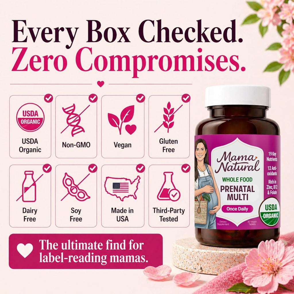 Vitaminas Prenatales Orgánicas Mama Natural - 30 Dosis, Vegano, Sin Gluten, Con Folato